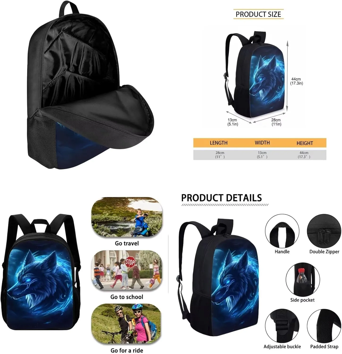 HUGS IDEA Blue Wolf Backpack for Boys with Lunch Box Cool Kids Bookbag for Boys 6-8 Animal School Backpack for Elementary School Boys Book Bag Set Lightweight Children's Schoolbag Set for Boys