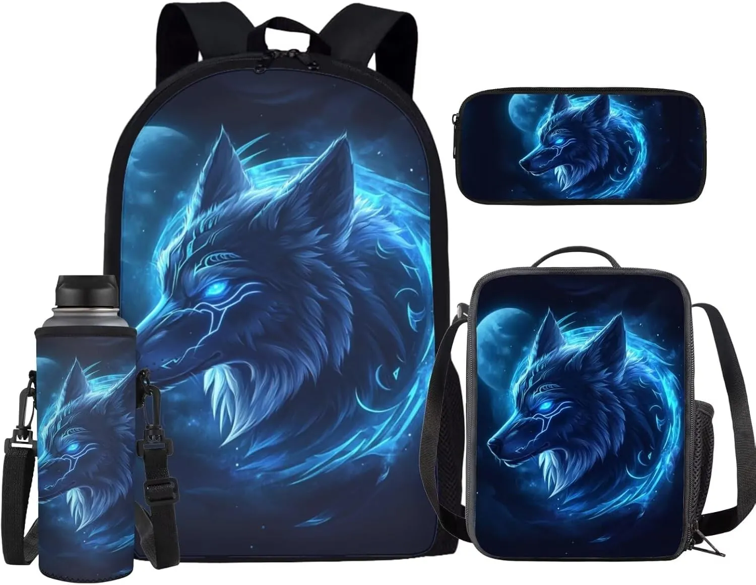 HUGS IDEA Blue Wolf Backpack for Boys with Lunch Box Cool Kids Bookbag for Boys 6-8 Animal School Backpack for Elementary School Boys Book Bag Set Lightweight Children's Schoolbag Set for Boys