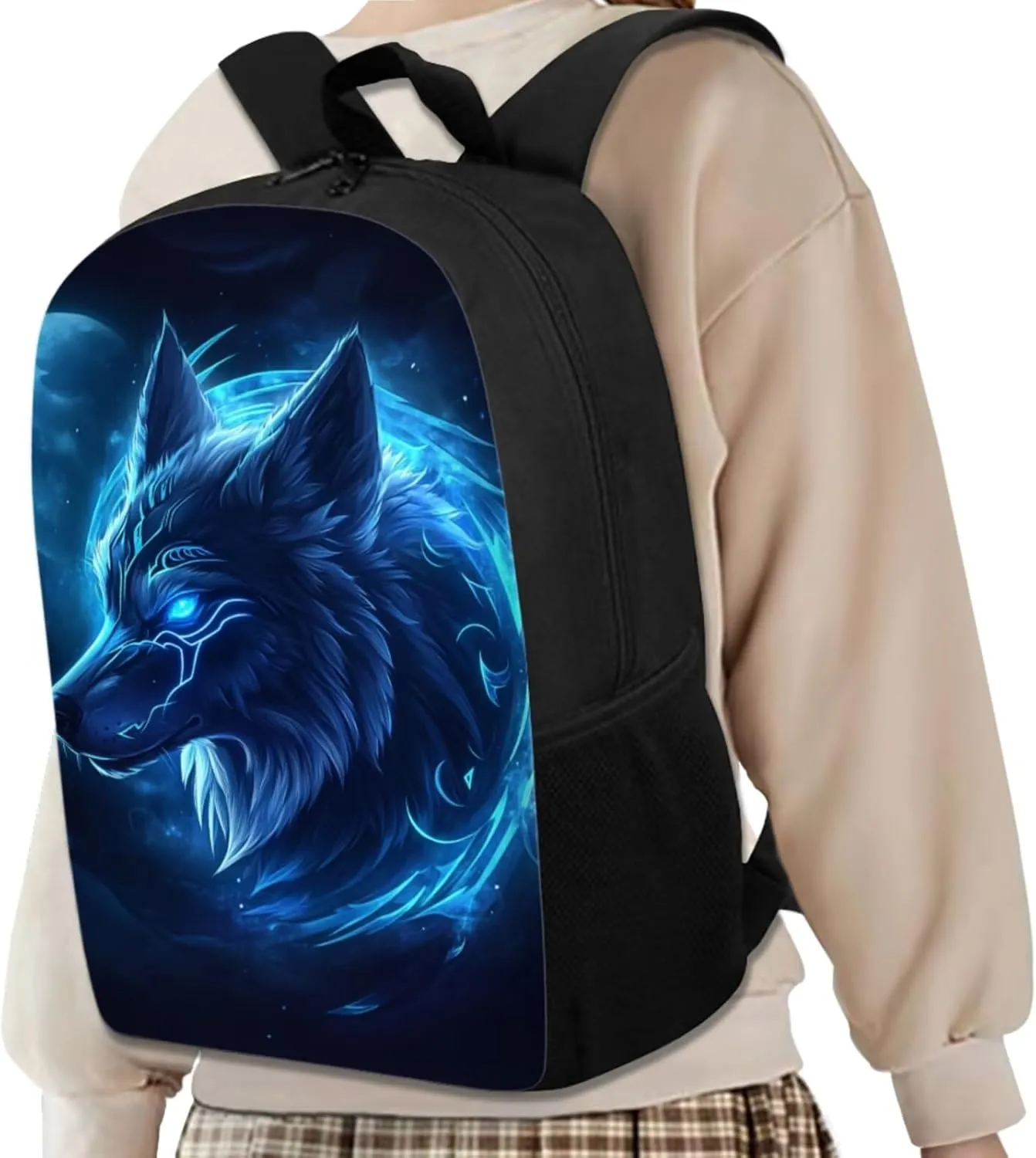 HUGS IDEA Blue Wolf Backpack for Boys with Lunch Box Cool Kids Bookbag for Boys 6-8 Animal School Backpack for Elementary School Boys Book Bag Set Lightweight Children's Schoolbag Set for Boys