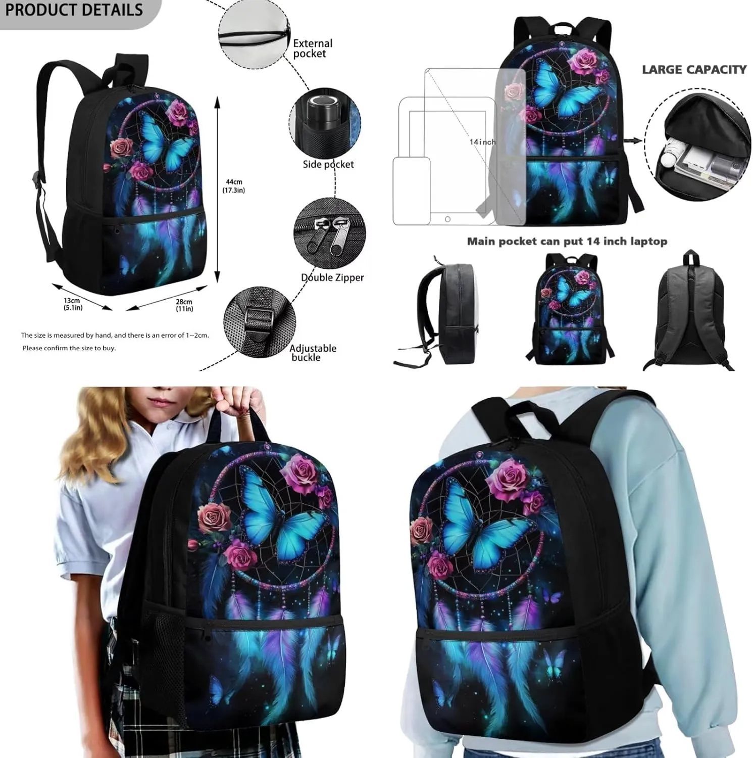 HUGS IDEA Butterfly Backpack for Girls School Bookbag for Kids Cute School Bag Set with Lunch Bag 17 Inch School Backpack with Water Bottle Holder 4 Piece Book Bag Set for Girls Kids