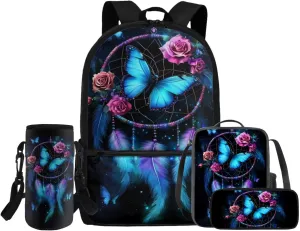 HUGS IDEA Butterfly Backpack for Girls School Bookbag for Kids Cute School Bag Set with Lunch Bag 17 Inch School Backpack with Water Bottle Holder 4 Piece Book Bag Set for Girls Kids