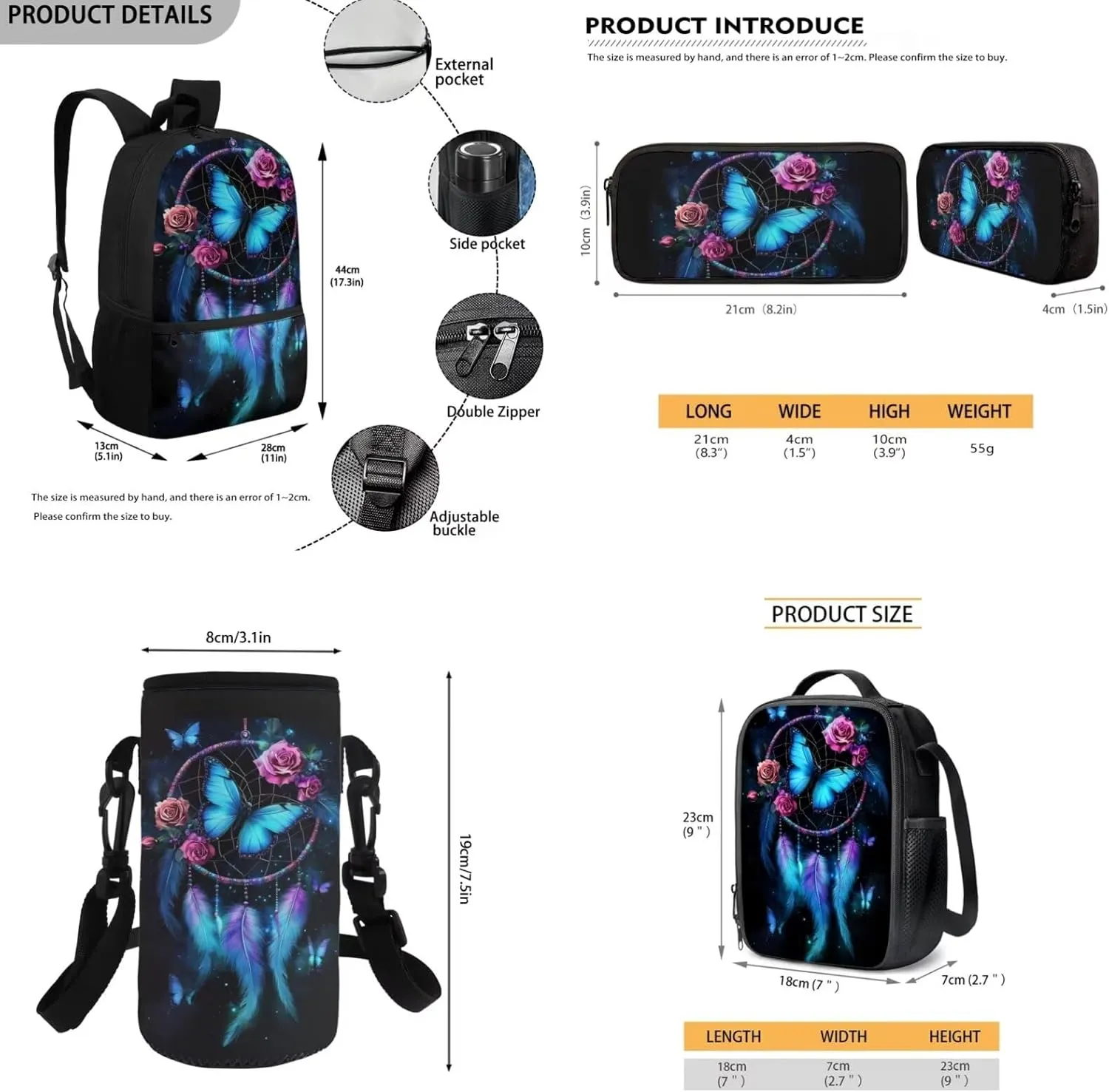 HUGS IDEA Butterfly Backpack for Girls School Bookbag for Kids Cute School Bag Set with Lunch Bag 17 Inch School Backpack with Water Bottle Holder 4 Piece Book Bag Set for Girls Kids