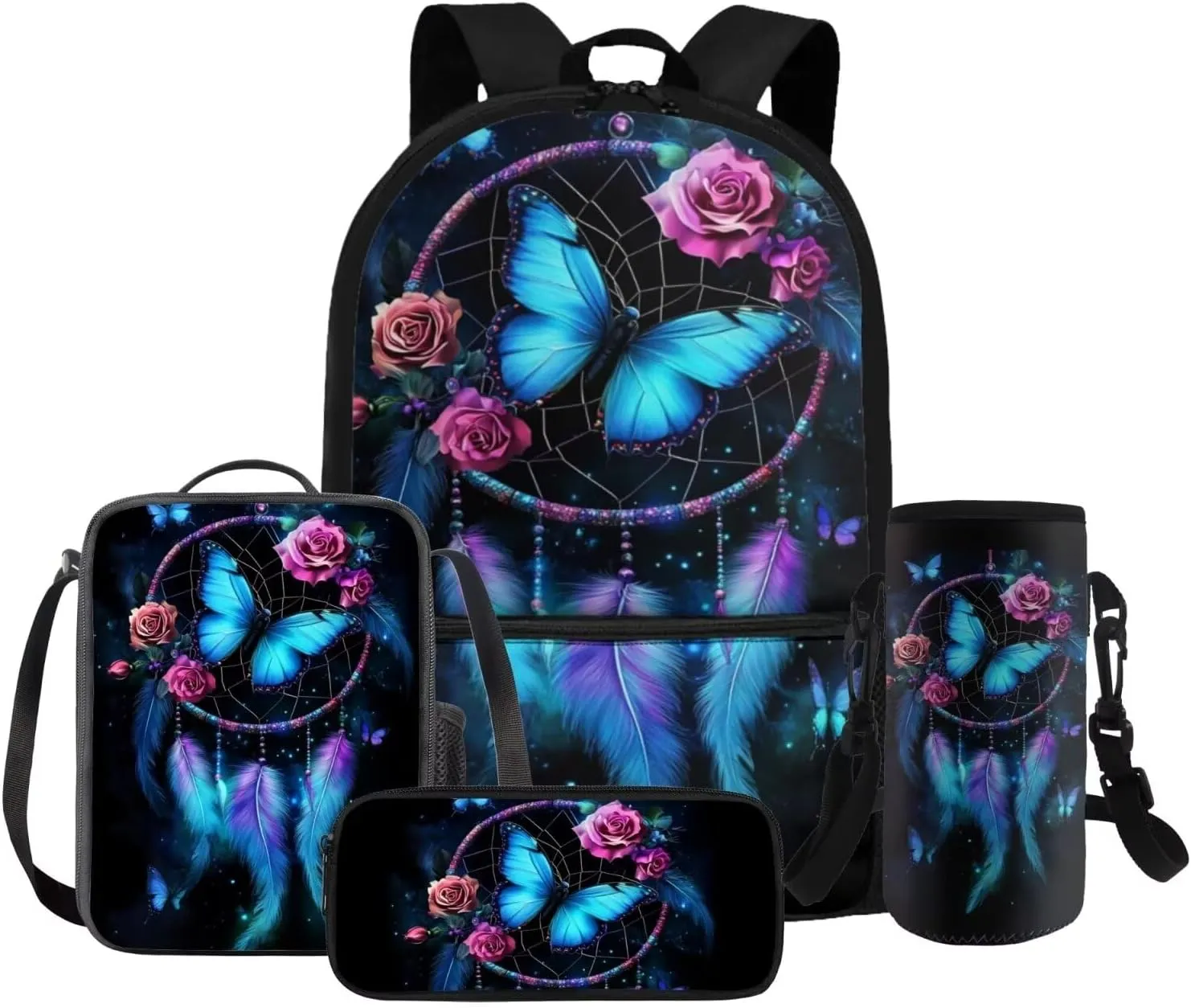 HUGS IDEA Butterfly Backpack for Girls School Bookbag for Kids Cute School Bag Set with Lunch Bag 17 Inch School Backpack with Water Bottle Holder 4 Piece Book Bag Set for Girls Kids
