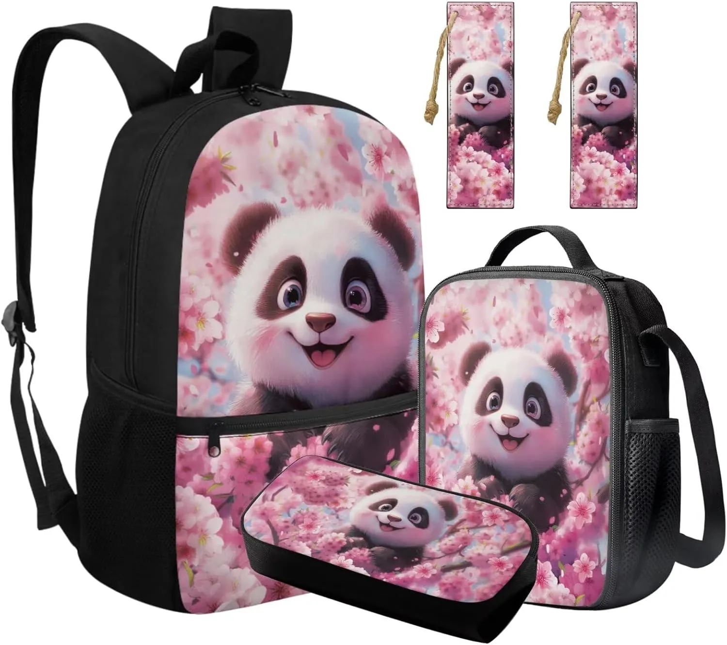 HUGS IDEA Cherry Blossom Panda Backpack for Kids School Bookbag for Girls 8-12 Pink School Bag Set with Lunch Bag Lightweight Kids Backpack with Bookmark 4 Piece Book Bag Set for Girls