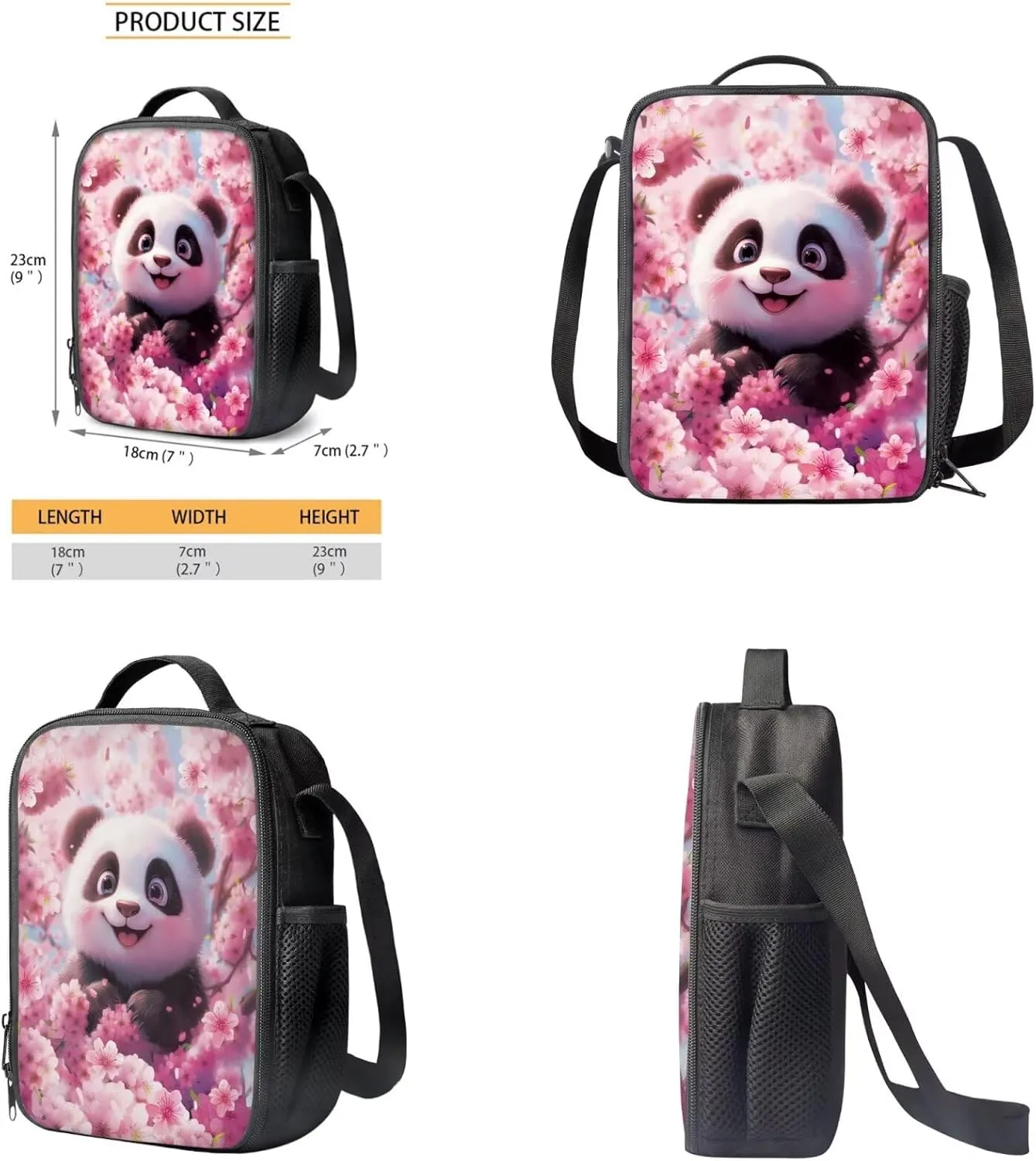 HUGS IDEA Cherry Blossom Panda Backpack for Kids School Bookbag for Girls 8-12 Pink School Bag Set with Lunch Bag Lightweight Kids Backpack with Bookmark 4 Piece Book Bag Set for Girls