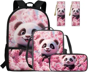 HUGS IDEA Cherry Blossom Panda Backpack for Kids School Bookbag for Girls 8-12 Pink School Bag Set with Lunch Bag Lightweight Kids Backpack with Bookmark 4 Piece Book Bag Set for Girls