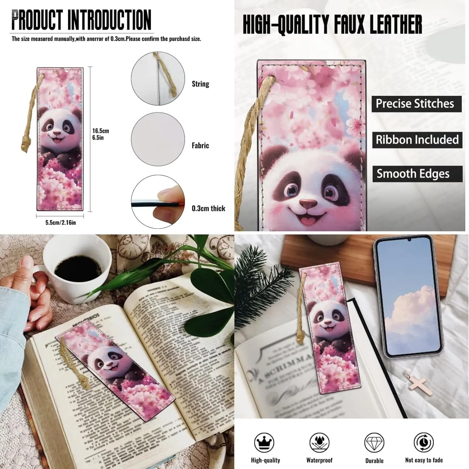 HUGS IDEA Cherry Blossom Panda Backpack for Kids School Bookbag for Girls 8-12 Pink School Bag Set with Lunch Bag Lightweight Kids Backpack with Bookmark 4 Piece Book Bag Set for Girls