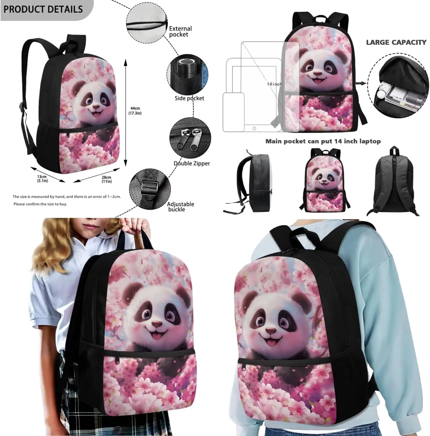 HUGS IDEA Cherry Blossom Panda Backpack for Kids School Bookbag for Girls 8-12 Pink School Bag Set with Lunch Bag Lightweight Kids Backpack with Bookmark 4 Piece Book Bag Set for Girls