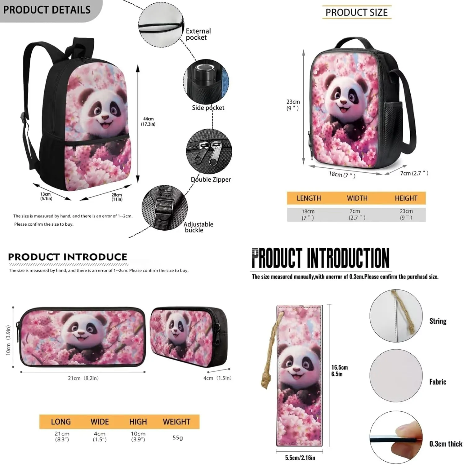 HUGS IDEA Cherry Blossom Panda Backpack for Kids School Bookbag for Girls 8-12 Pink School Bag Set with Lunch Bag Lightweight Kids Backpack with Bookmark 4 Piece Book Bag Set for Girls