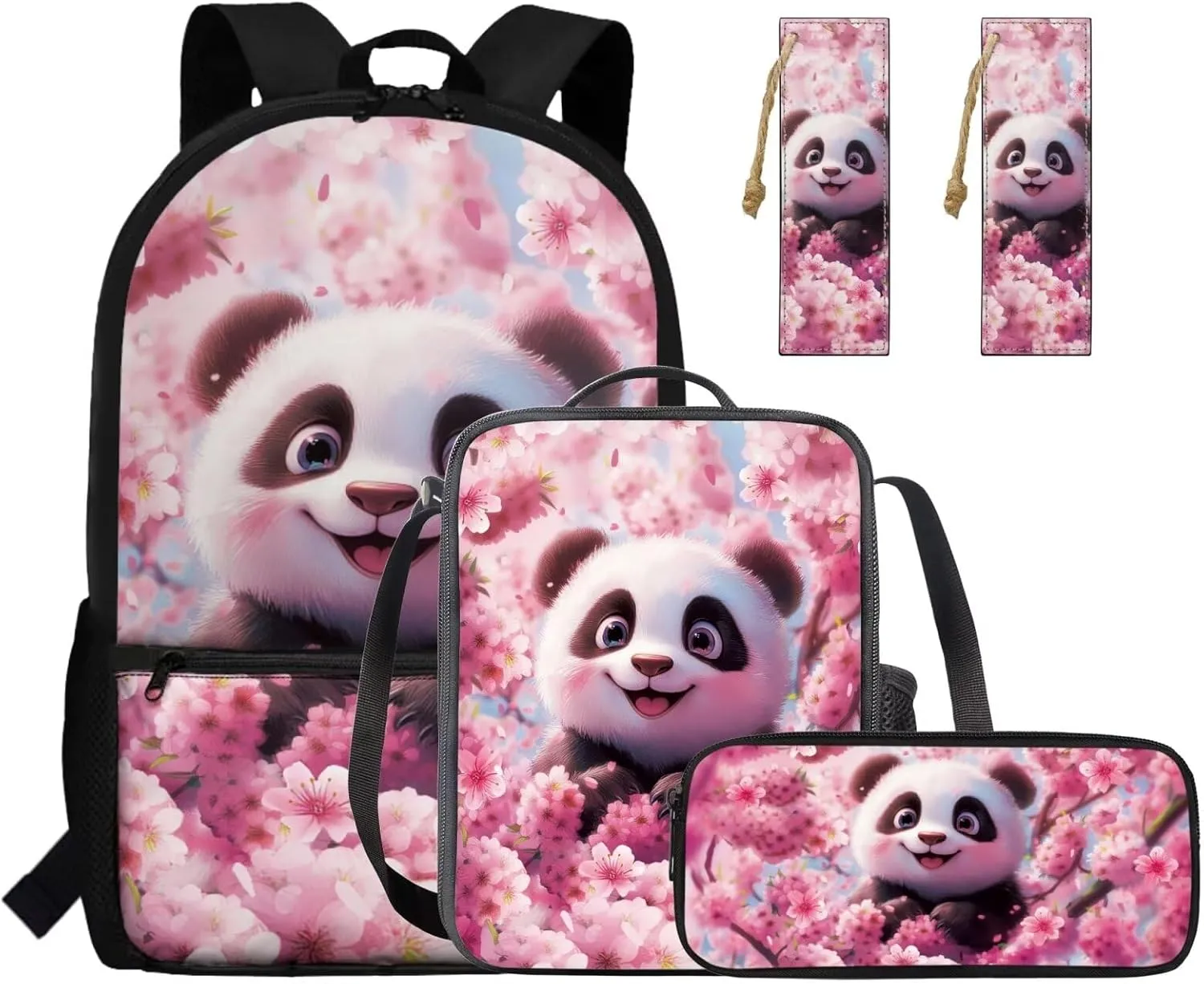 HUGS IDEA Cherry Blossom Panda Backpack for Kids School Bookbag for Girls 8-12 Pink School Bag Set with Lunch Bag Lightweight Kids Backpack with Bookmark 4 Piece Book Bag Set for Girls