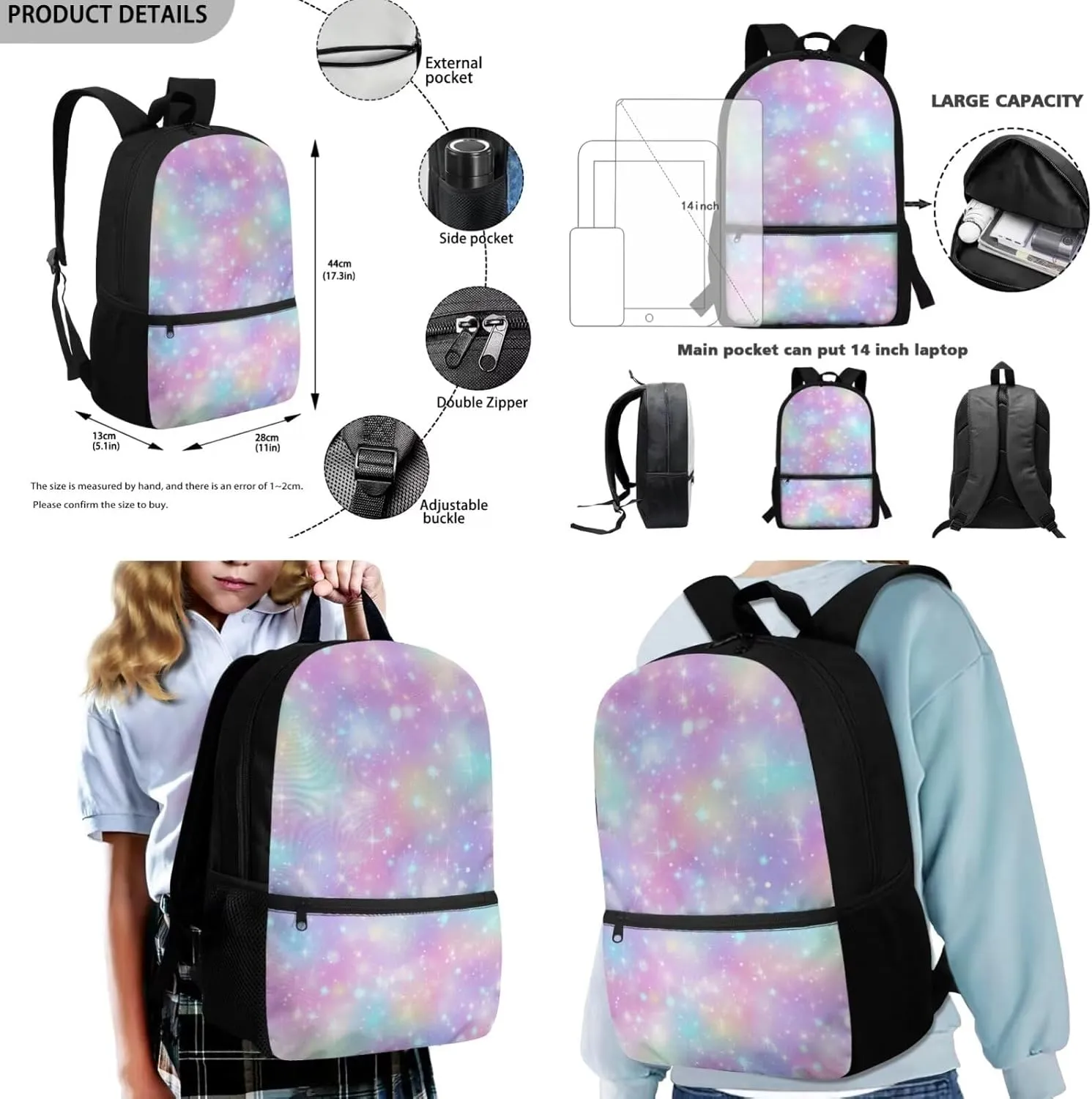 HUGS IDEA Colorful Rainbow Backpack for School Girls Bookbag with Lunch Box Large Capacity School Bookbag Set for Elementary Girls 4 in 1 School Bag for 6th Grade Girls Travel Rusksack