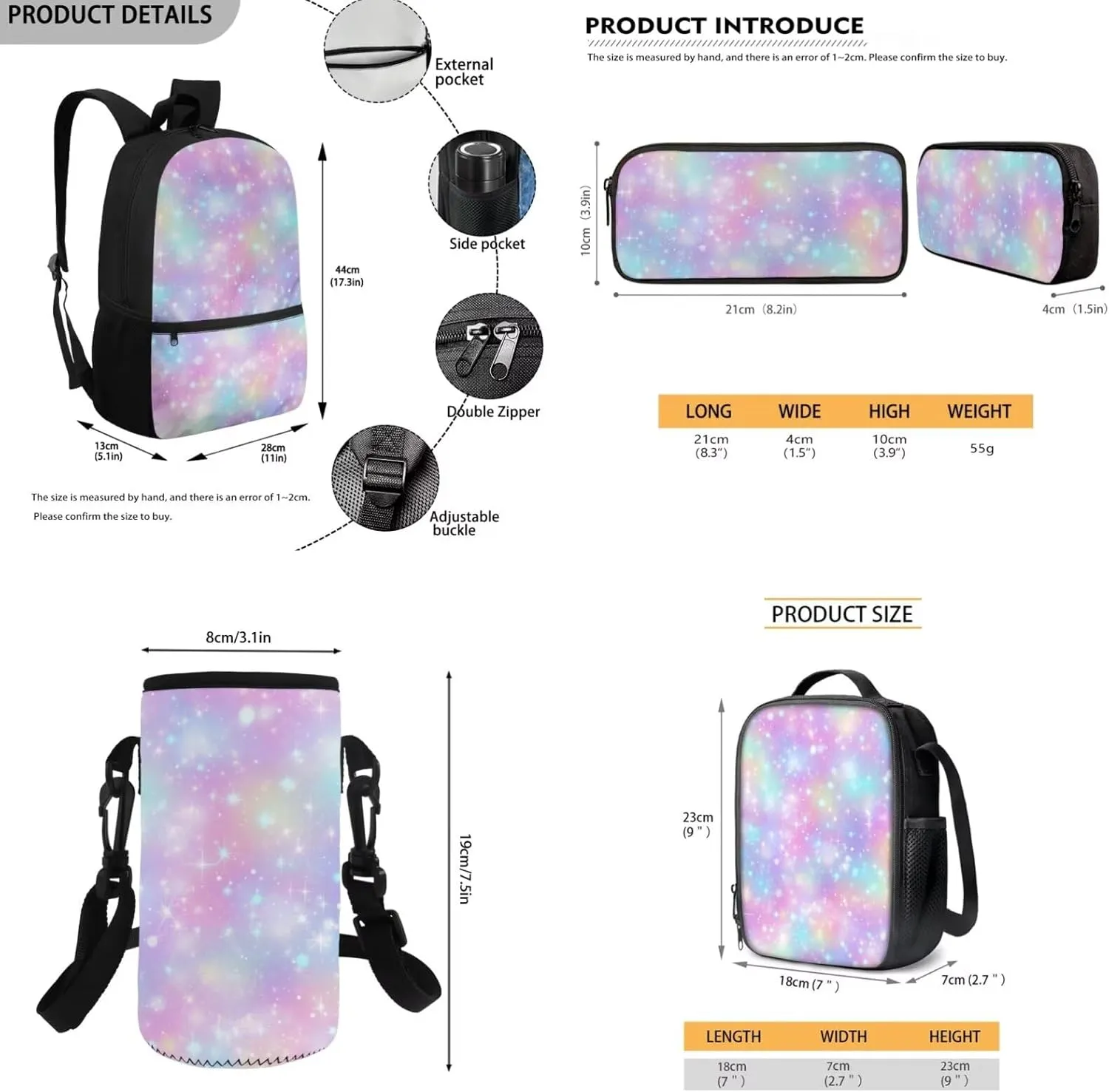 HUGS IDEA Colorful Rainbow Backpack for School Girls Bookbag with Lunch Box Large Capacity School Bookbag Set for Elementary Girls 4 in 1 School Bag for 6th Grade Girls Travel Rusksack