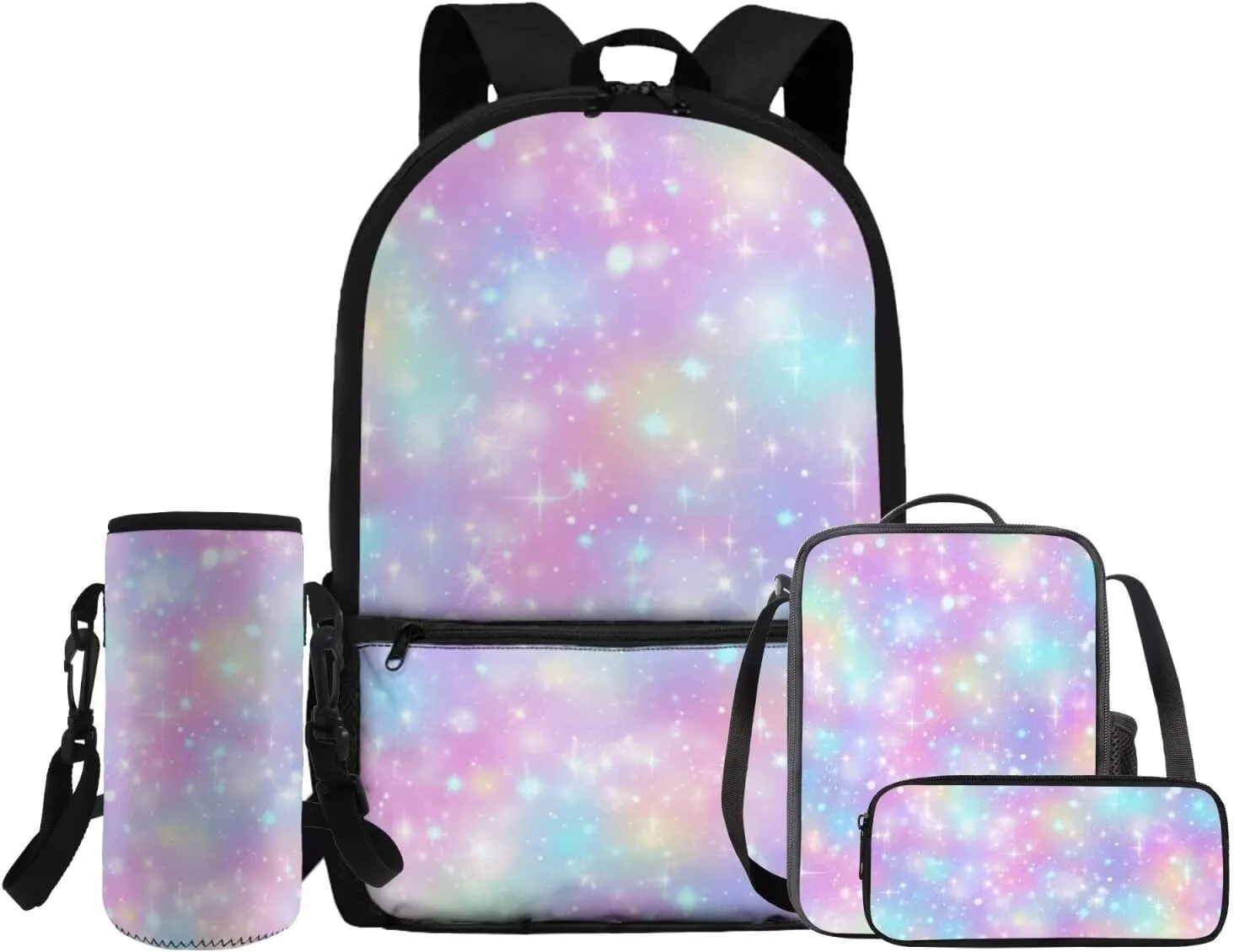 HUGS IDEA Colorful Rainbow Backpack for School Girls Bookbag with Lunch Box Large Capacity School Bookbag Set for Elementary Girls 4 in 1 School Bag for 6th Grade Girls Travel Rusksack