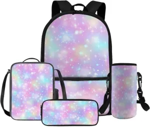 HUGS IDEA Colorful Rainbow Backpack for School Girls Bookbag with Lunch Box Large Capacity School Bookbag Set for Elementary Girls 4 in 1 School Bag for 6th Grade Girls Travel Rusksack
