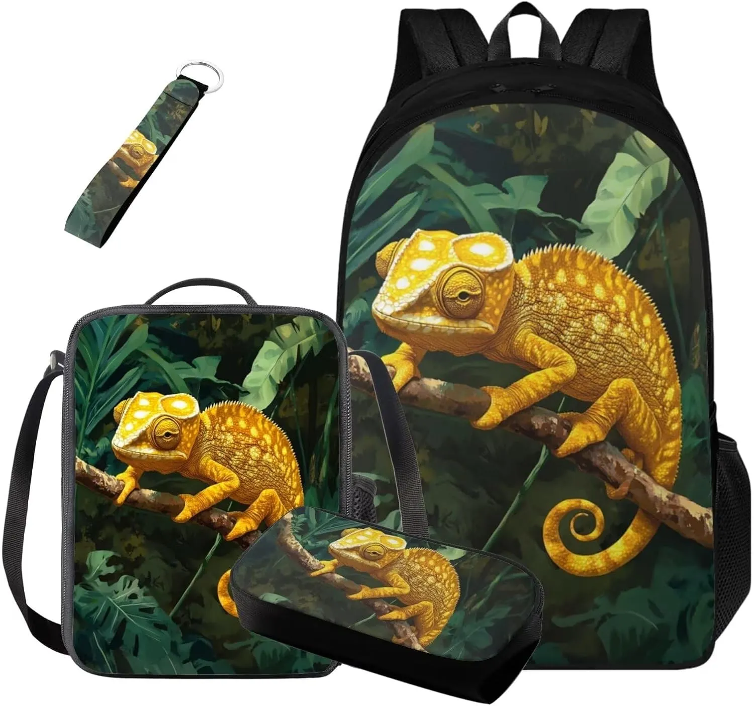 HUGS IDEA Cool Chameleon Backpack for for Boys Cool Boys School Bag with Lunch Bag for Ages 10-12 Lightweight Kids Bookbag for Middle School 17 Inch Schoobag Set for Boys Travel Bag