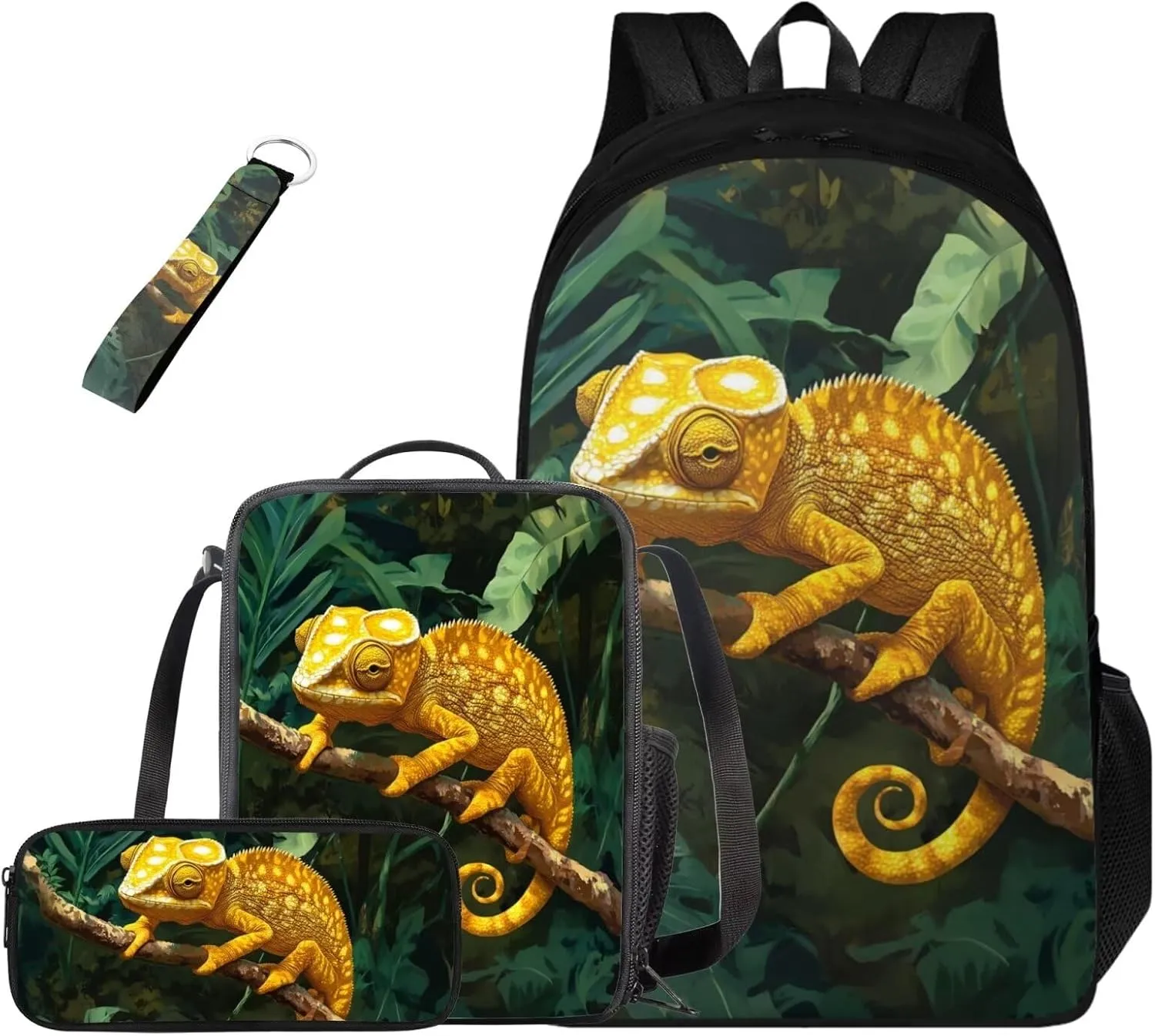 HUGS IDEA Cool Chameleon Backpack for for Boys Cool Boys School Bag with Lunch Bag for Ages 10-12 Lightweight Kids Bookbag for Middle School 17 Inch Schoobag Set for Boys Travel Bag