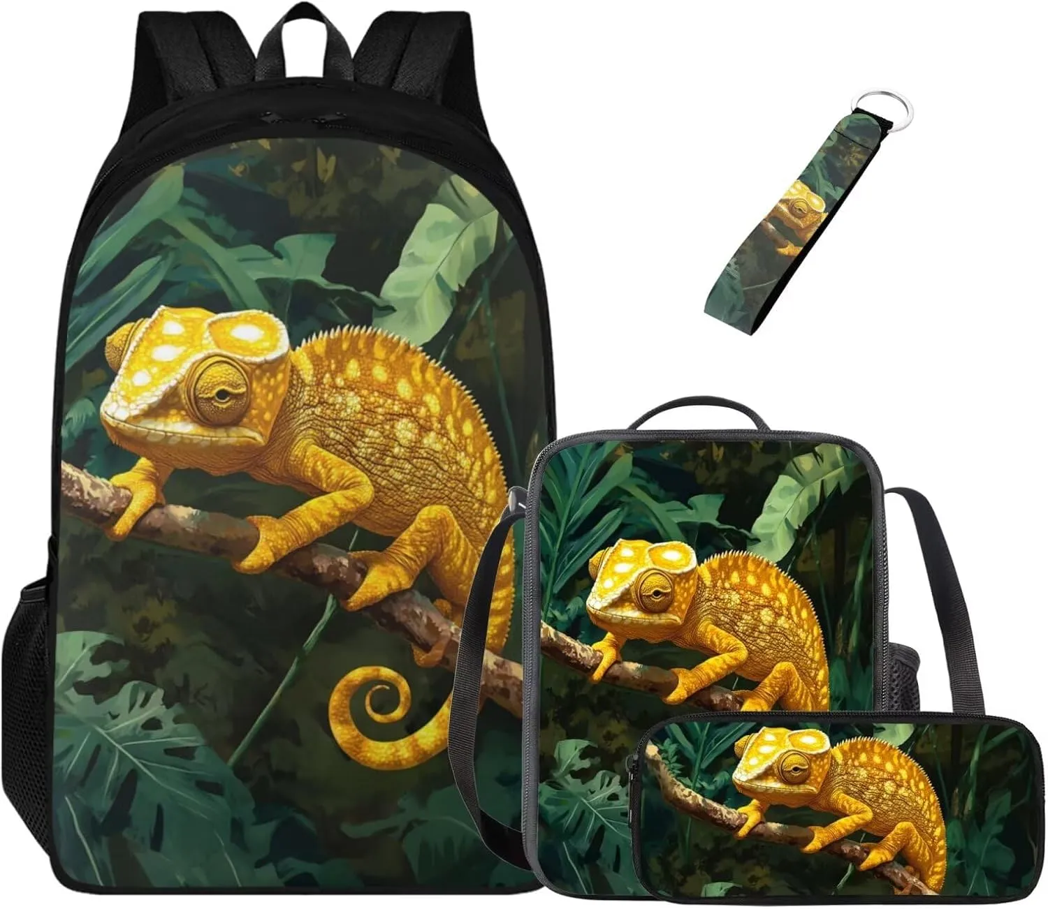 HUGS IDEA Cool Chameleon Backpack for for Boys Cool Boys School Bag with Lunch Bag for Ages 10-12 Lightweight Kids Bookbag for Middle School 17 Inch Schoobag Set for Boys Travel Bag