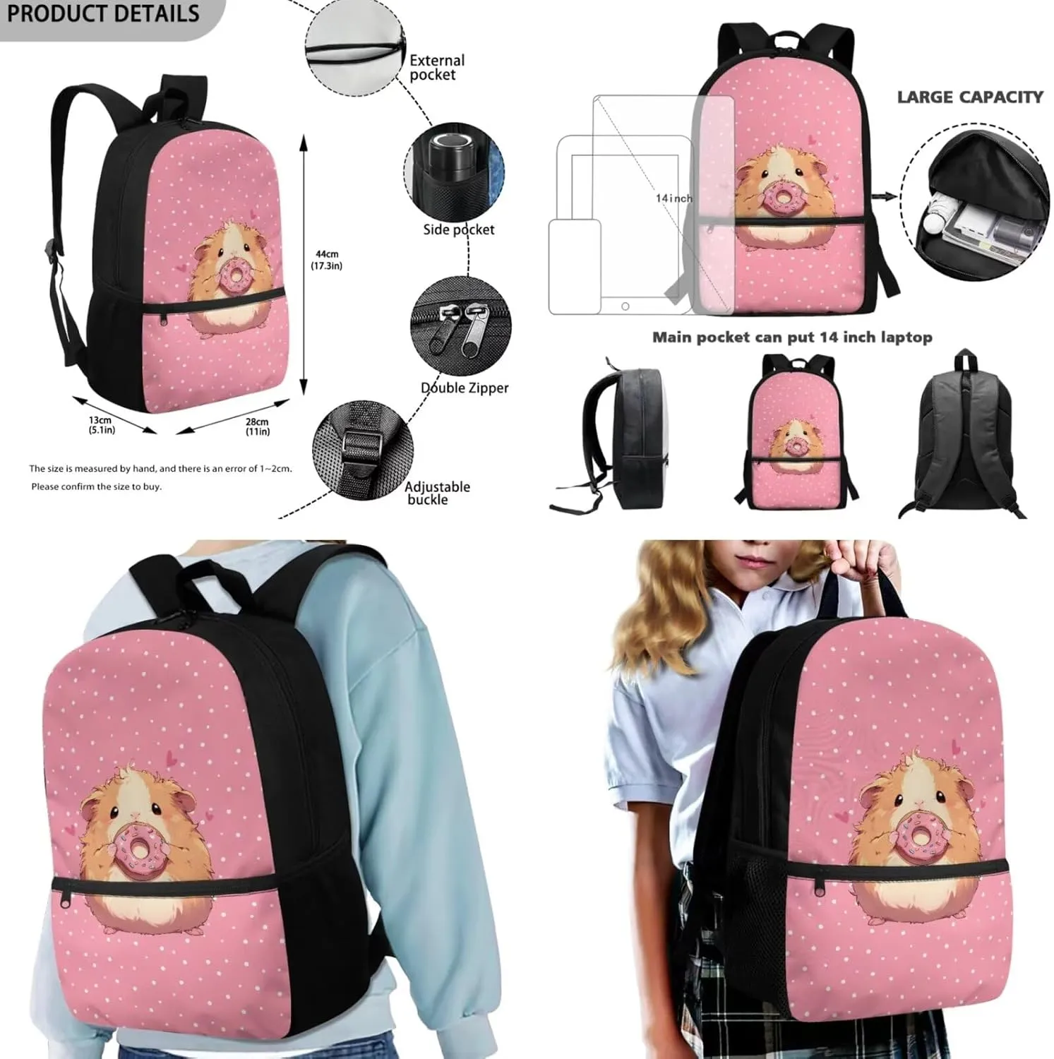 HUGS IDEA Cute Guinea Pig Backpack for Kids School Bookbag with Lunch Box Large Capacity School Bag Set for Preschool Girls 4 in 1 School Bag for 6th Grade Girls Lightweight Kids Backpack