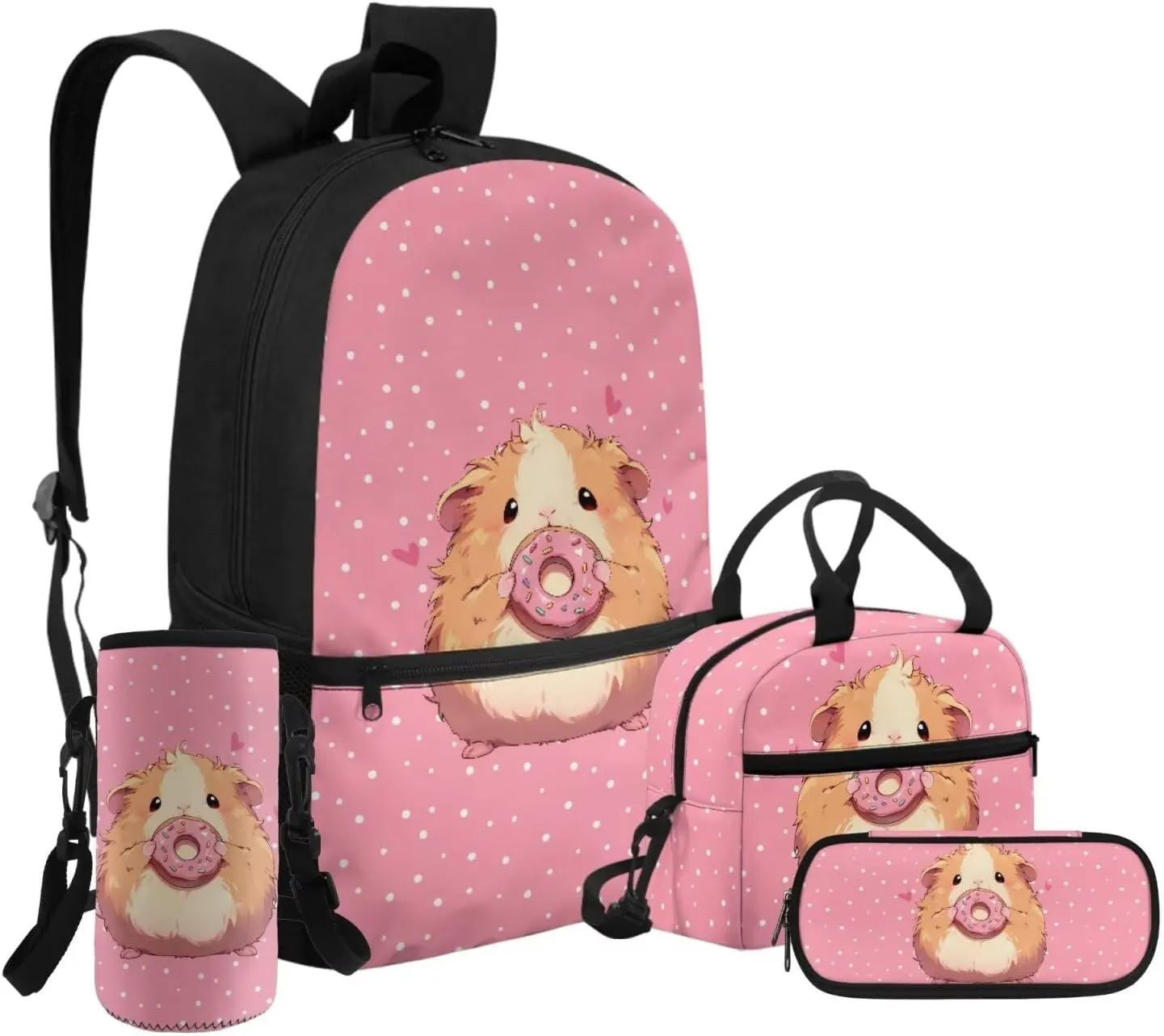 HUGS IDEA Cute Guinea Pig Backpack for Kids School Bookbag with Lunch Box Large Capacity School Bag Set for Preschool Girls 4 in 1 School Bag for 6th Grade Girls Lightweight Kids Backpack