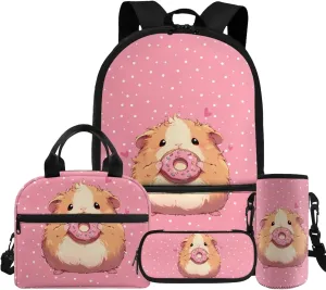 HUGS IDEA Cute Guinea Pig Backpack for Kids School Bookbag with Lunch Box Large Capacity School Bag Set for Preschool Girls 4 in 1 School Bag for 6th Grade Girls Lightweight Kids Backpack