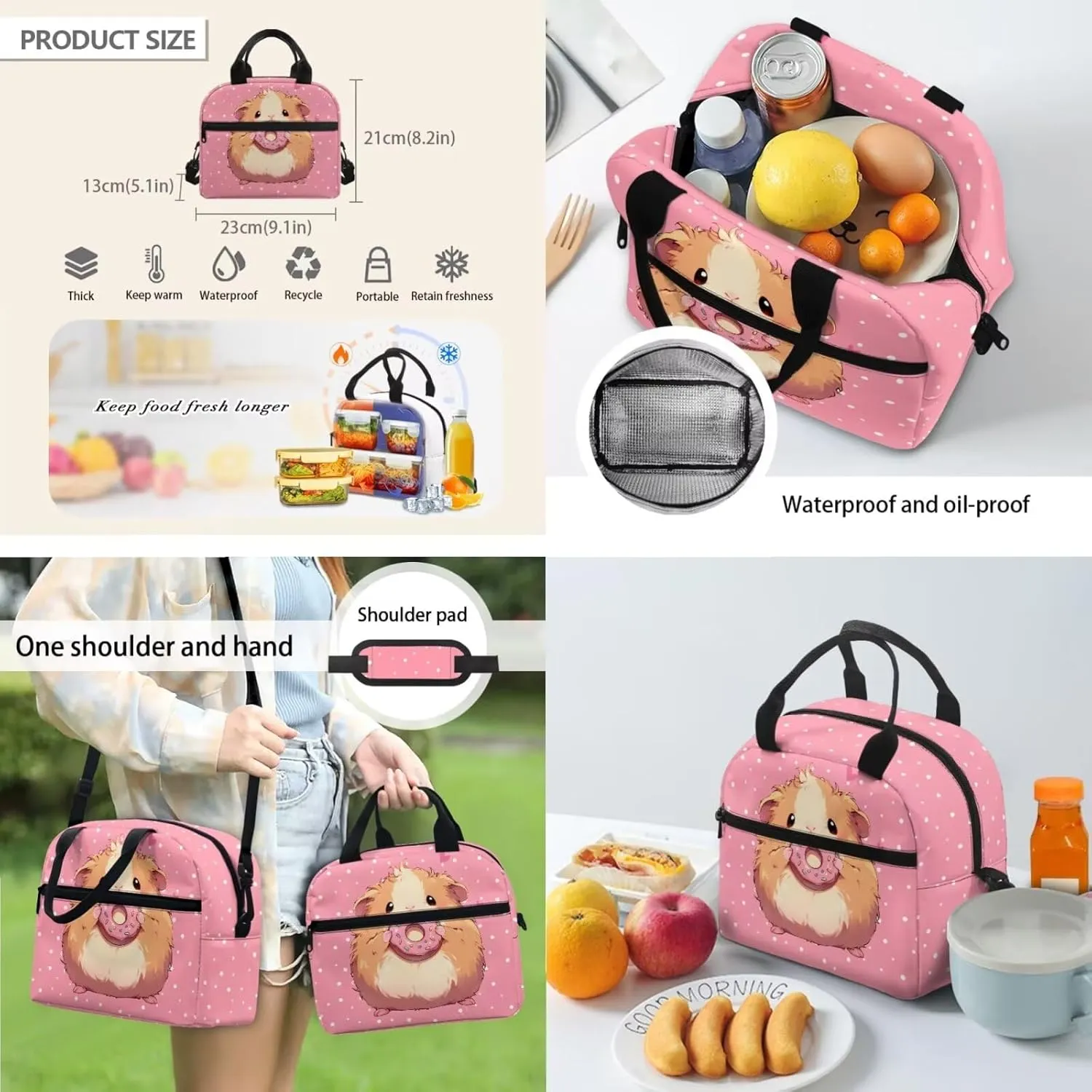 HUGS IDEA Cute Guinea Pig Backpack for Kids School Bookbag with Lunch Box Large Capacity School Bag Set for Preschool Girls 4 in 1 School Bag for 6th Grade Girls Lightweight Kids Backpack
