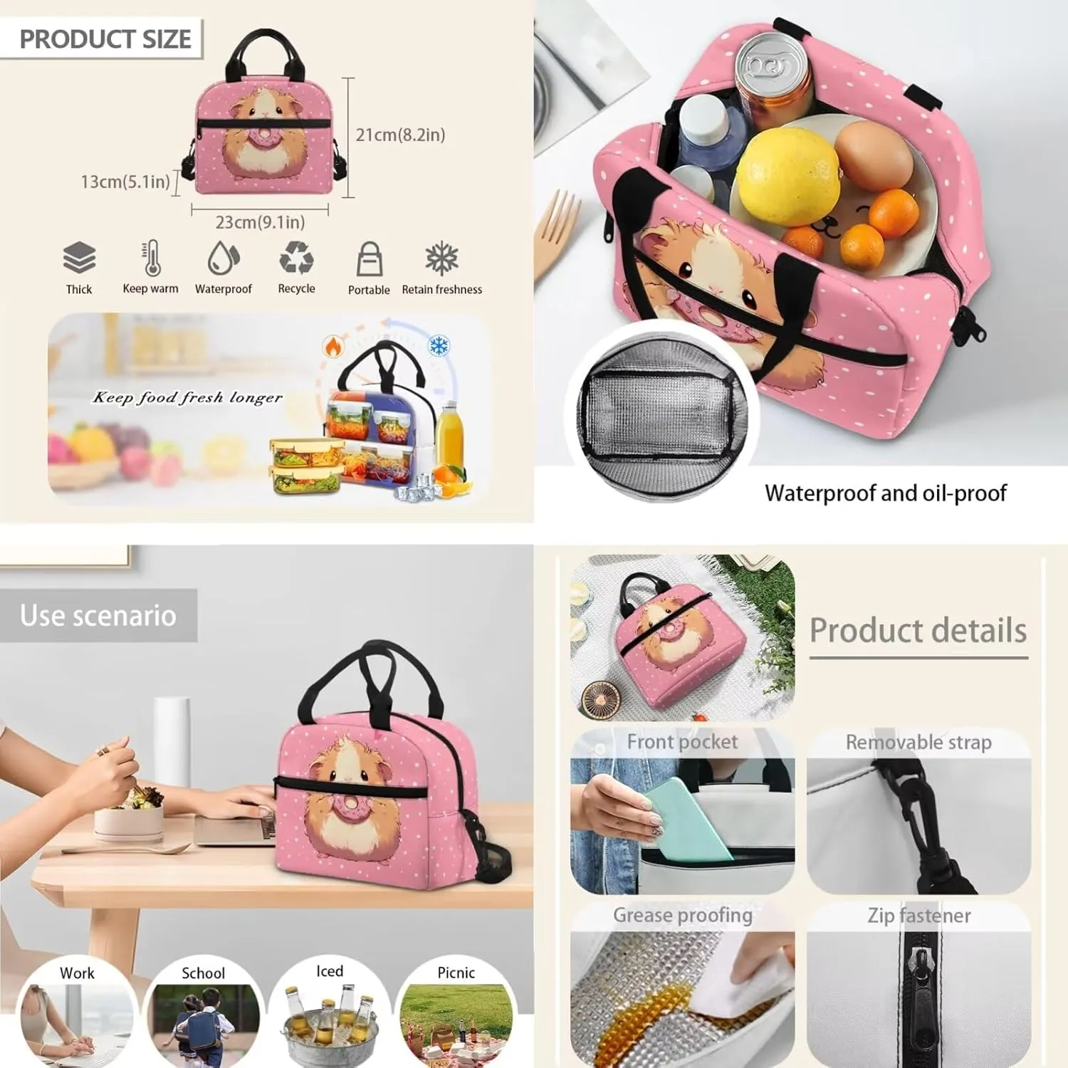 HUGS IDEA Cute Guinea Pig Backpack for Kids School Bookbag with Lunch Box Large Capacity School Bag Set for Preschool Girls 4 in 1 School Bag for 6th Grade Girls Lightweight Kids Backpack