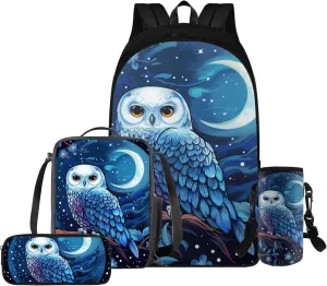 HUGS IDEA School Backpack for Girls with Lunch Box Blue Owl Kids Backpack for Girls 4 Pieces Kids Bookbag Set for Elementary School Girls Lightweight School Bag Set Kids Casual Daypack