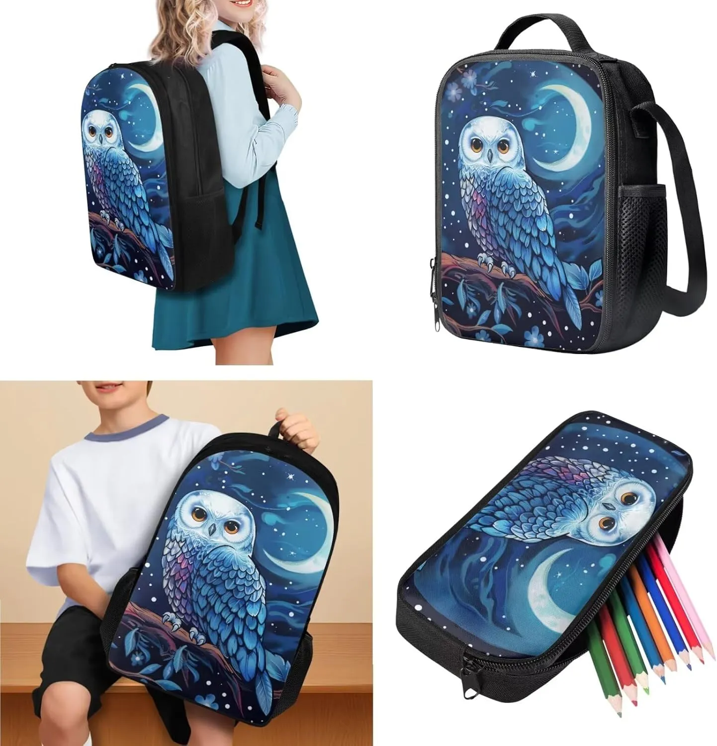 HUGS IDEA School Backpack for Girls with Lunch Box Blue Owl Kids Backpack for Girls 4 Pieces Kids Bookbag Set for Elementary School Girls Lightweight School Bag Set Kids Casual Daypack