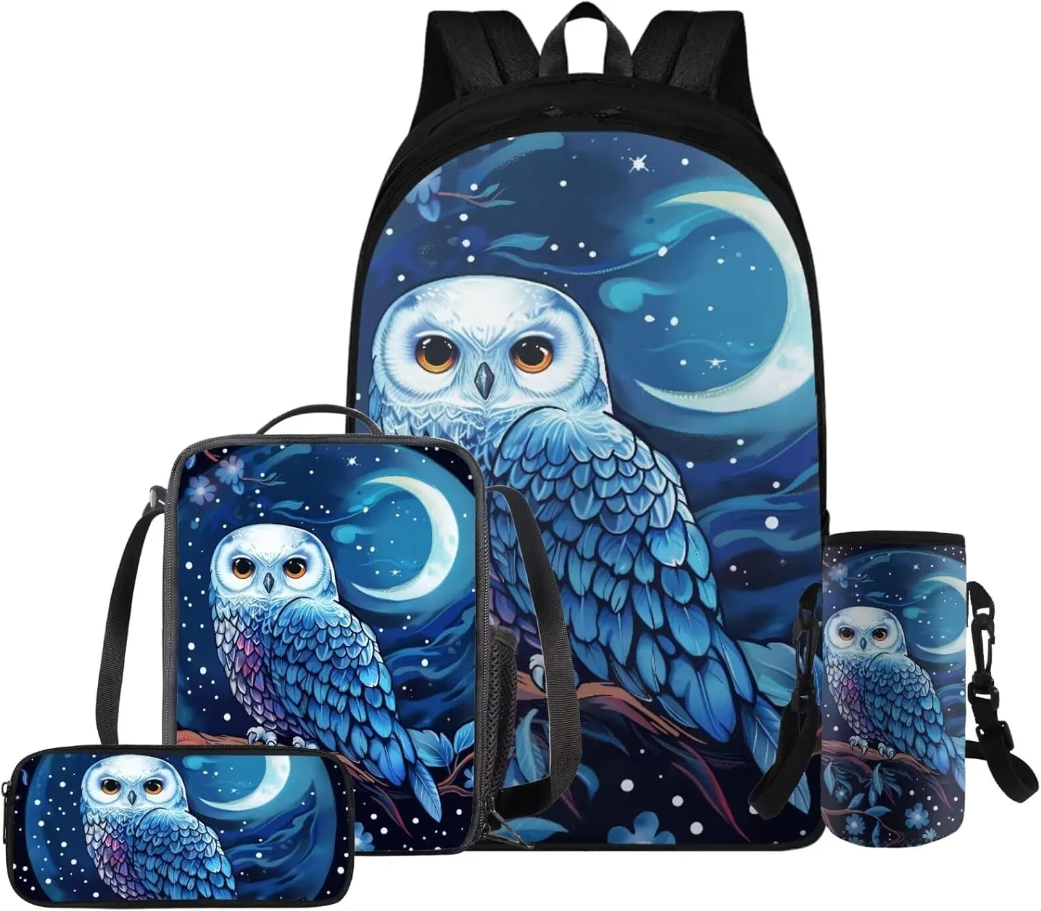 HUGS IDEA School Backpack for Girls with Lunch Box Blue Owl Kids Backpack for Girls 4 Pieces Kids Bookbag Set for Elementary School Girls Lightweight School Bag Set Kids Casual Daypack