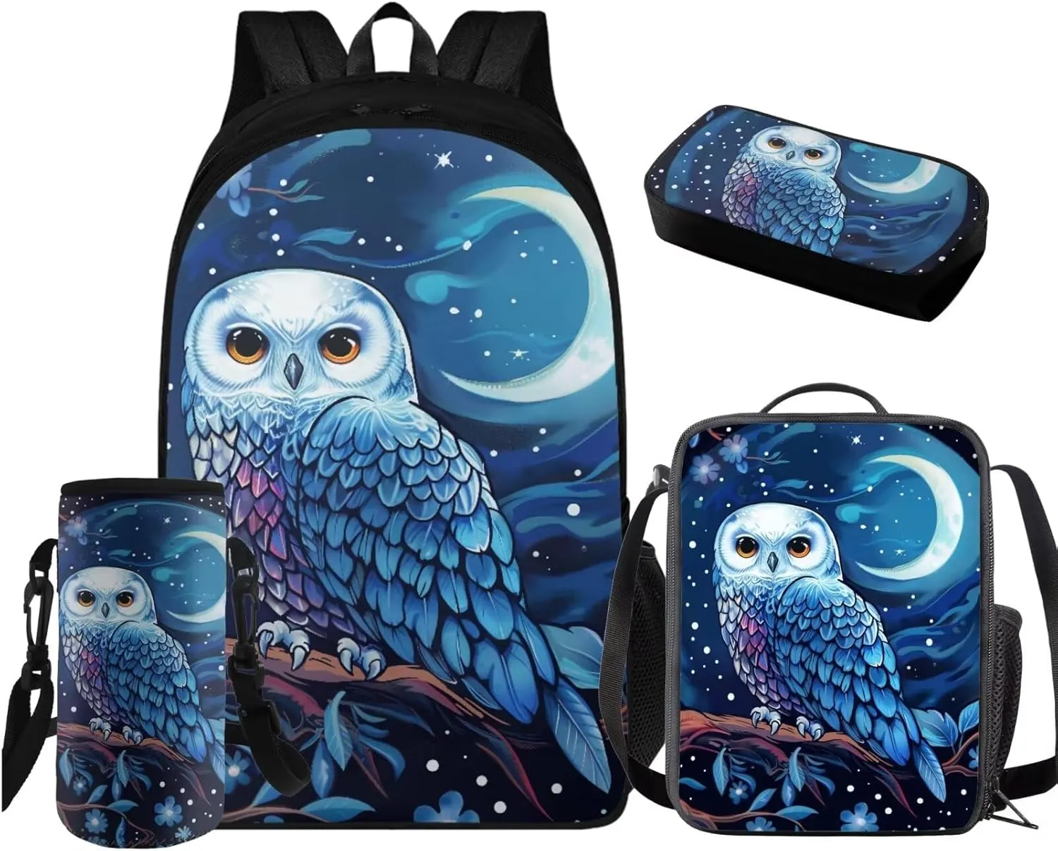 HUGS IDEA School Backpack for Girls with Lunch Box Blue Owl Kids Backpack for Girls 4 Pieces Kids Bookbag Set for Elementary School Girls Lightweight School Bag Set Kids Casual Daypack
