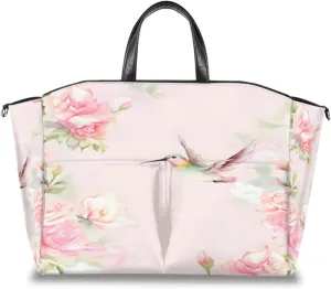 Hummingbird Flower Diaper Bag Tote, Spring Floral Bird Travel Diaper Tote Bag for Mom and Dad, Multifunction Large Baby Bag Nappy Bags with Stroller Straps