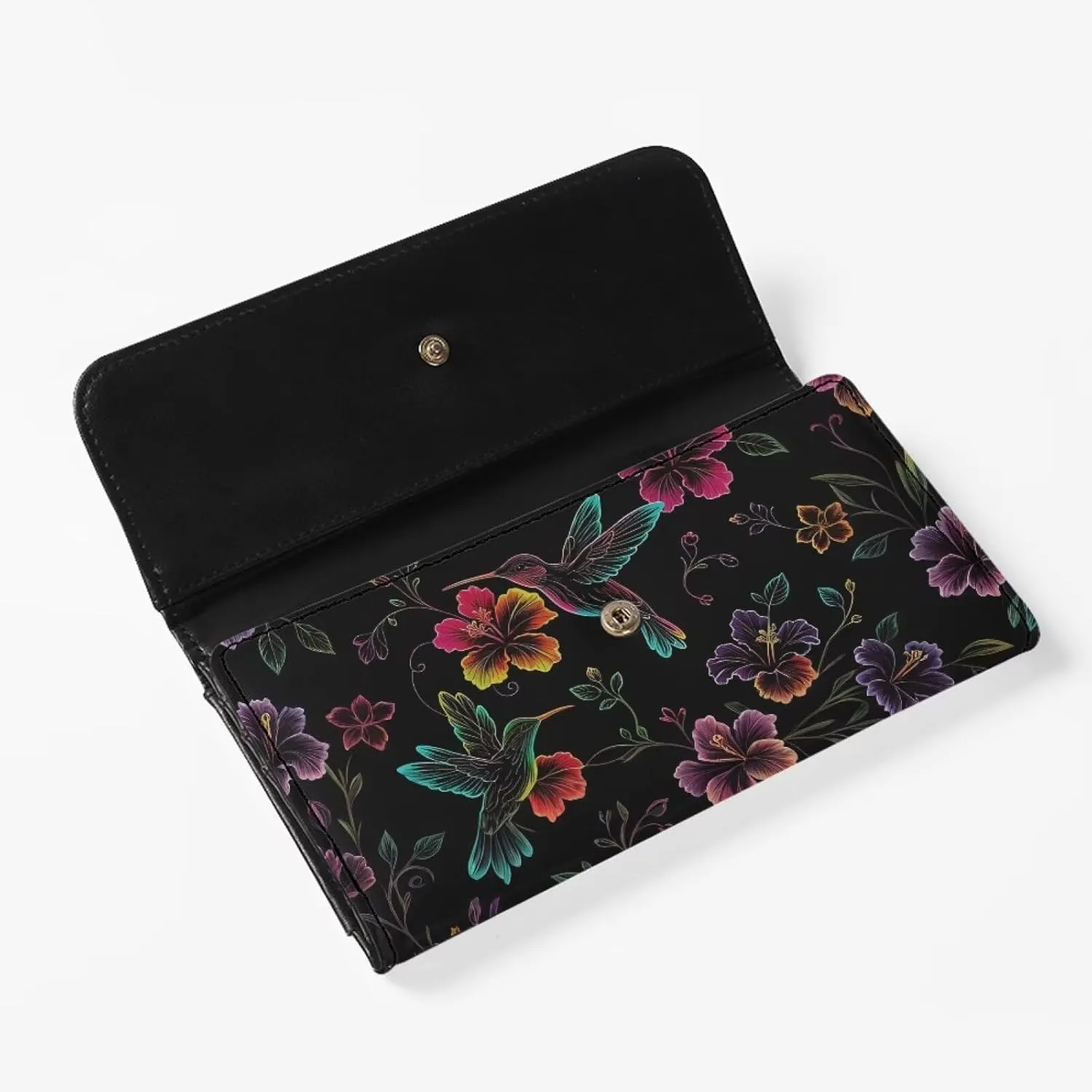 Hummingbird Flowers Women Wallet Long Trifold Billfold Checkbook Wallets, Color Neon Art PU Leathers Wallet Purse Credit Card Holder