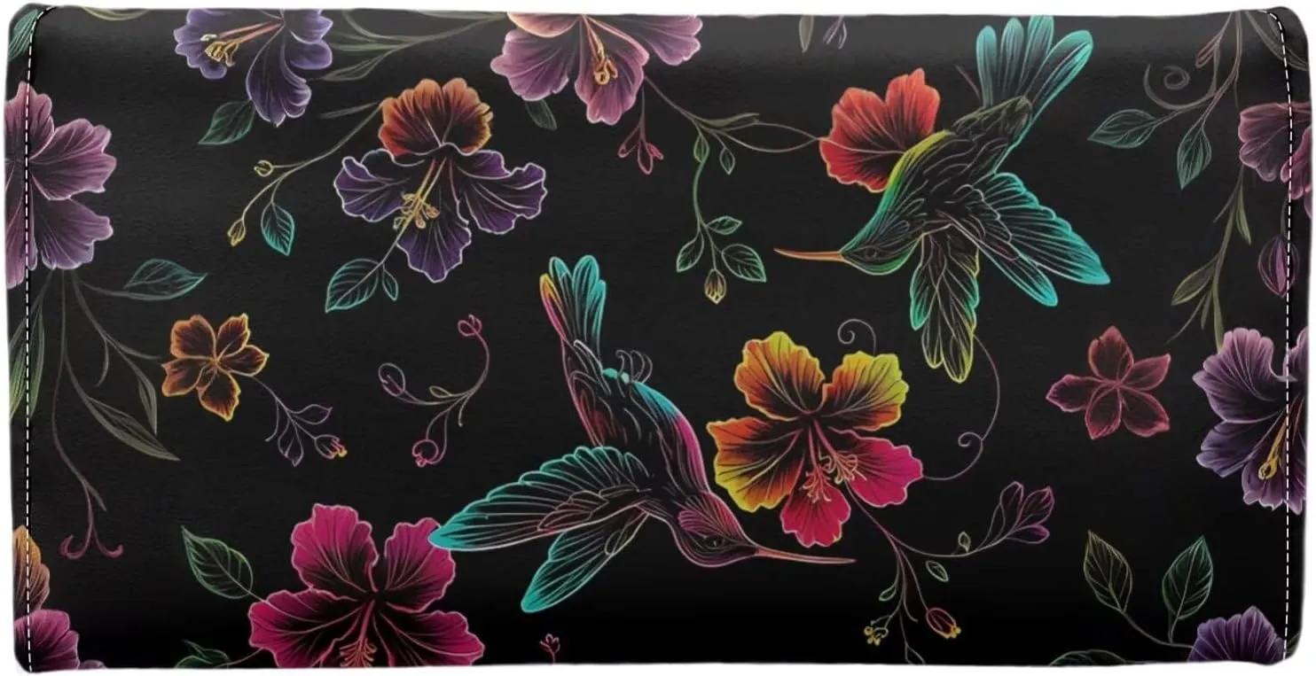Hummingbird Flowers Women Wallet Long Trifold Billfold Checkbook Wallets, Color Neon Art PU Leathers Wallet Purse Credit Card Holder