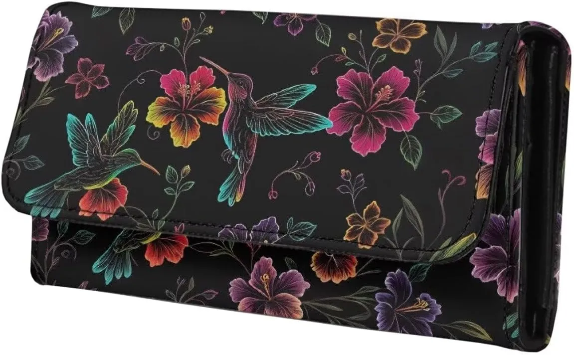 Hummingbird Flowers Women Wallet Long Trifold Billfold Checkbook Wallets, Color Neon Art PU Leathers Wallet Purse Credit Card Holder