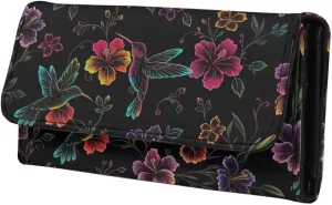 Hummingbird Flowers Women Wallet Long Trifold Billfold Checkbook Wallets, Color Neon Art PU Leathers Wallet Purse Credit Card Holder
