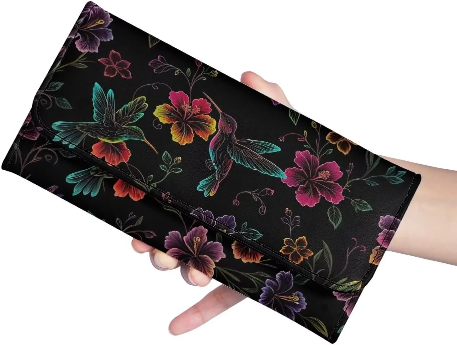 Hummingbird Flowers Women Wallet Long Trifold Billfold Checkbook Wallets, Color Neon Art PU Leathers Wallet Purse Credit Card Holder