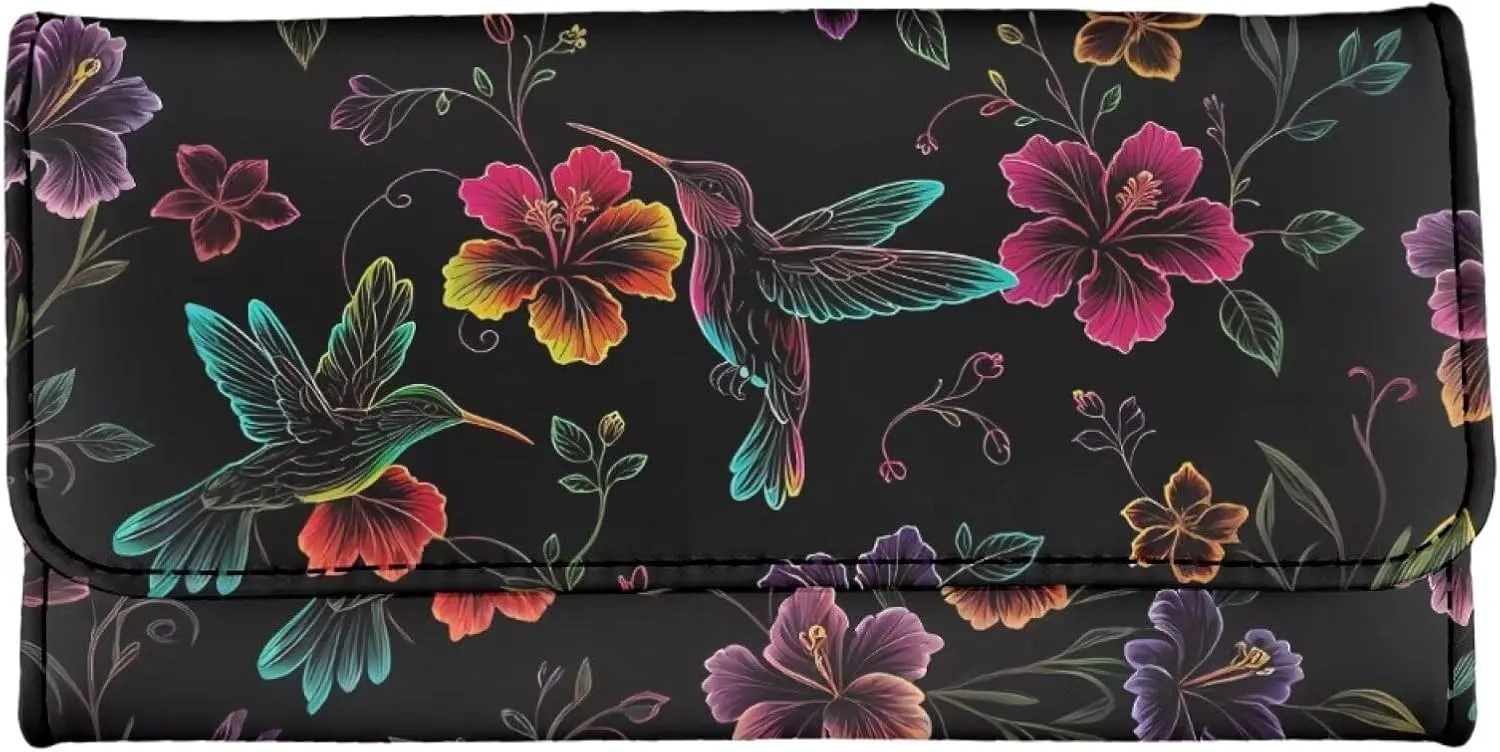 Hummingbird Flowers Women Wallet Long Trifold Billfold Checkbook Wallets, Color Neon Art PU Leathers Wallet Purse Credit Card Holder