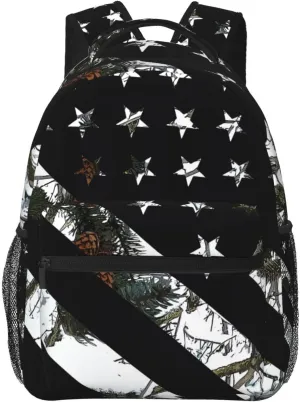 Hunting Snow Camouflage Flag Backpack Casual Laptop Backpack Double Shoulder Bag Lightweight Backpack For Women Men Travel