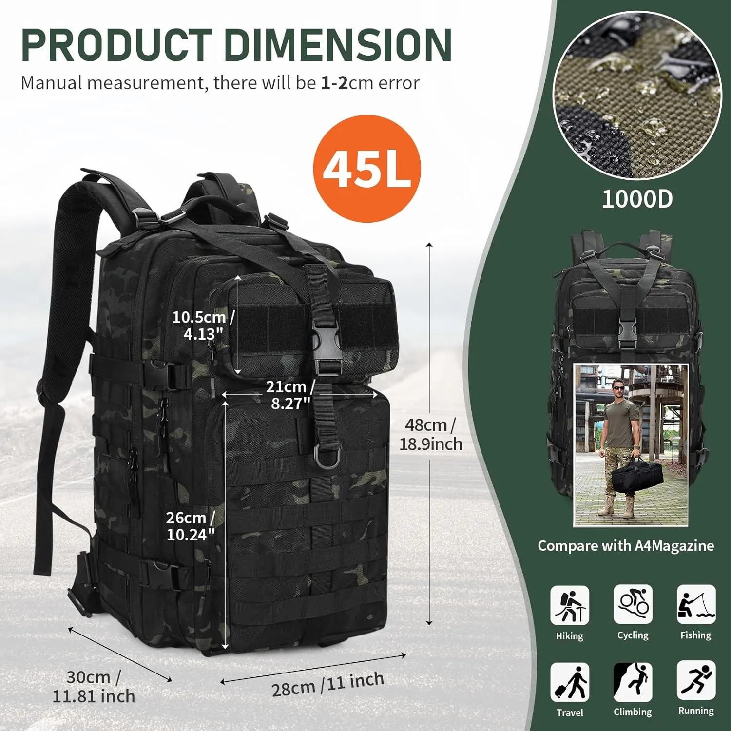 HUNTVP 1000D Tactical Backpack 45L Military MOLLE Backpack Assault Pack Army Camping Hiking Rucksack Outdoor Backpack (Black CP)