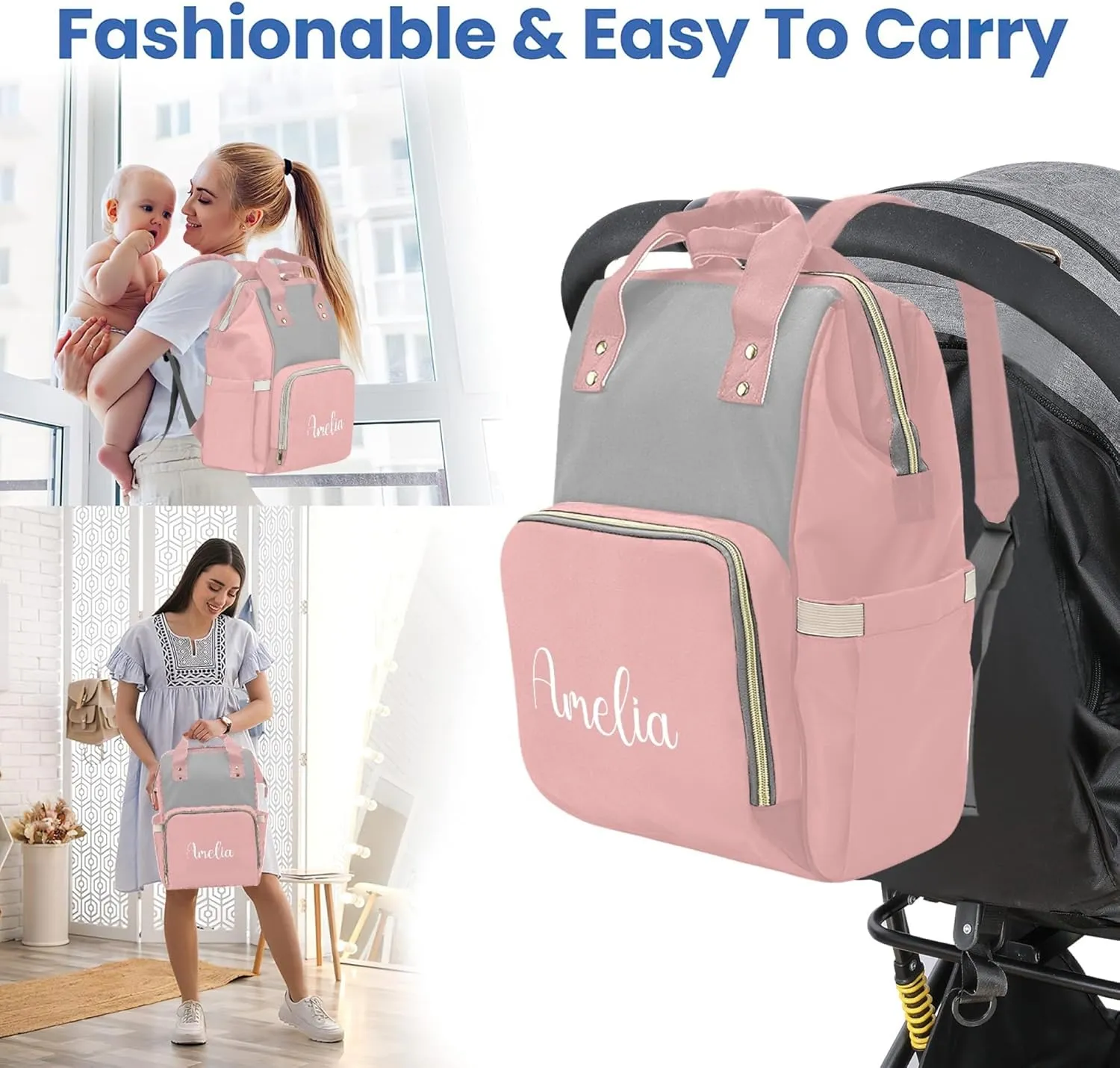 HUTARIO Custom Diaper Bag for Boy Girl Personalized Nylon Mommy Backpack with Name, Waterproof, Multifunctional