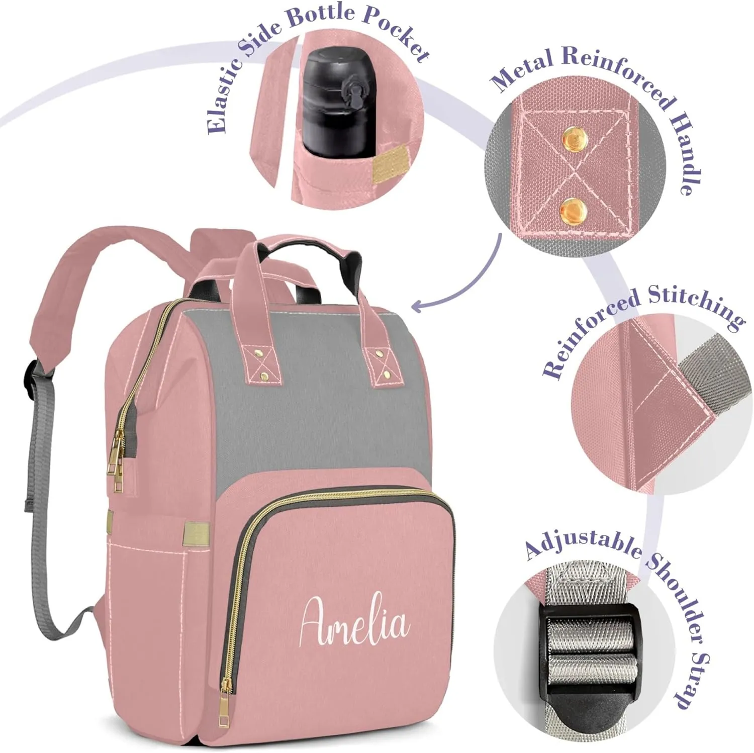 HUTARIO Custom Diaper Bag for Boy Girl Personalized Nylon Mommy Backpack with Name, Waterproof, Multifunctional