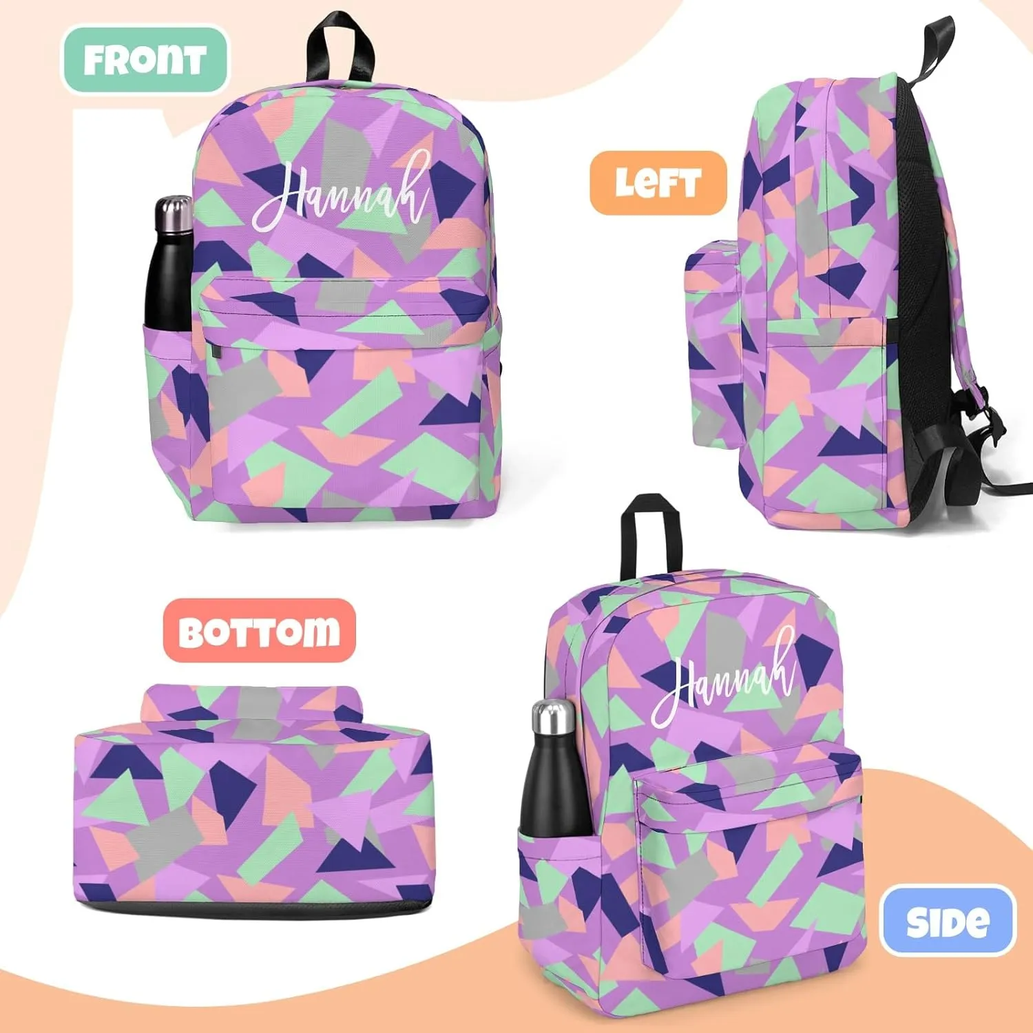 HUTARIO Personalized Backpack for School, Girls Kids Name Bookbag Elementary School Backpack Set with Lunch Bag Box and Pencil Case, Waterproof Lightweight 16.8”