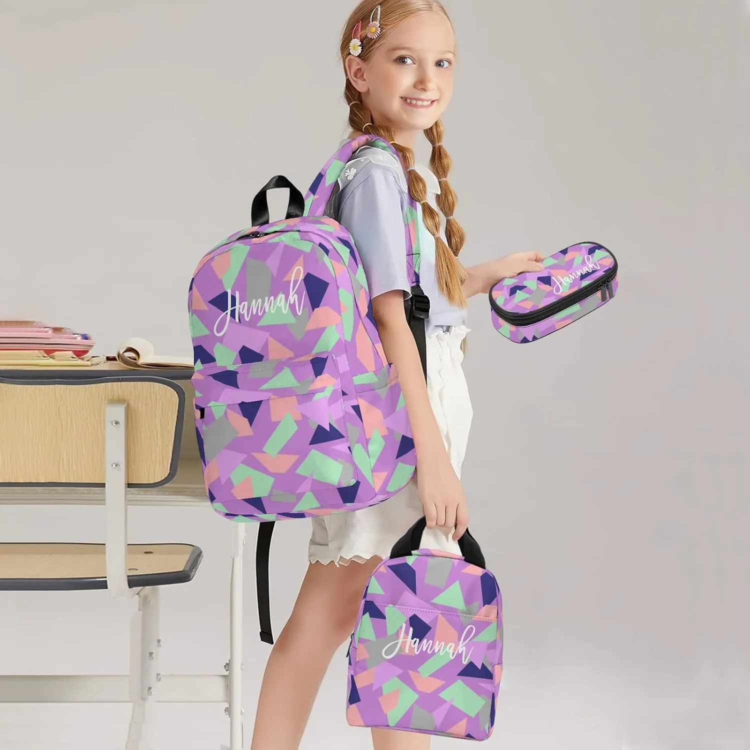 HUTARIO Personalized Backpack for School, Girls Kids Name Bookbag Elementary School Backpack Set with Lunch Bag Box and Pencil Case, Waterproof Lightweight 16.8”