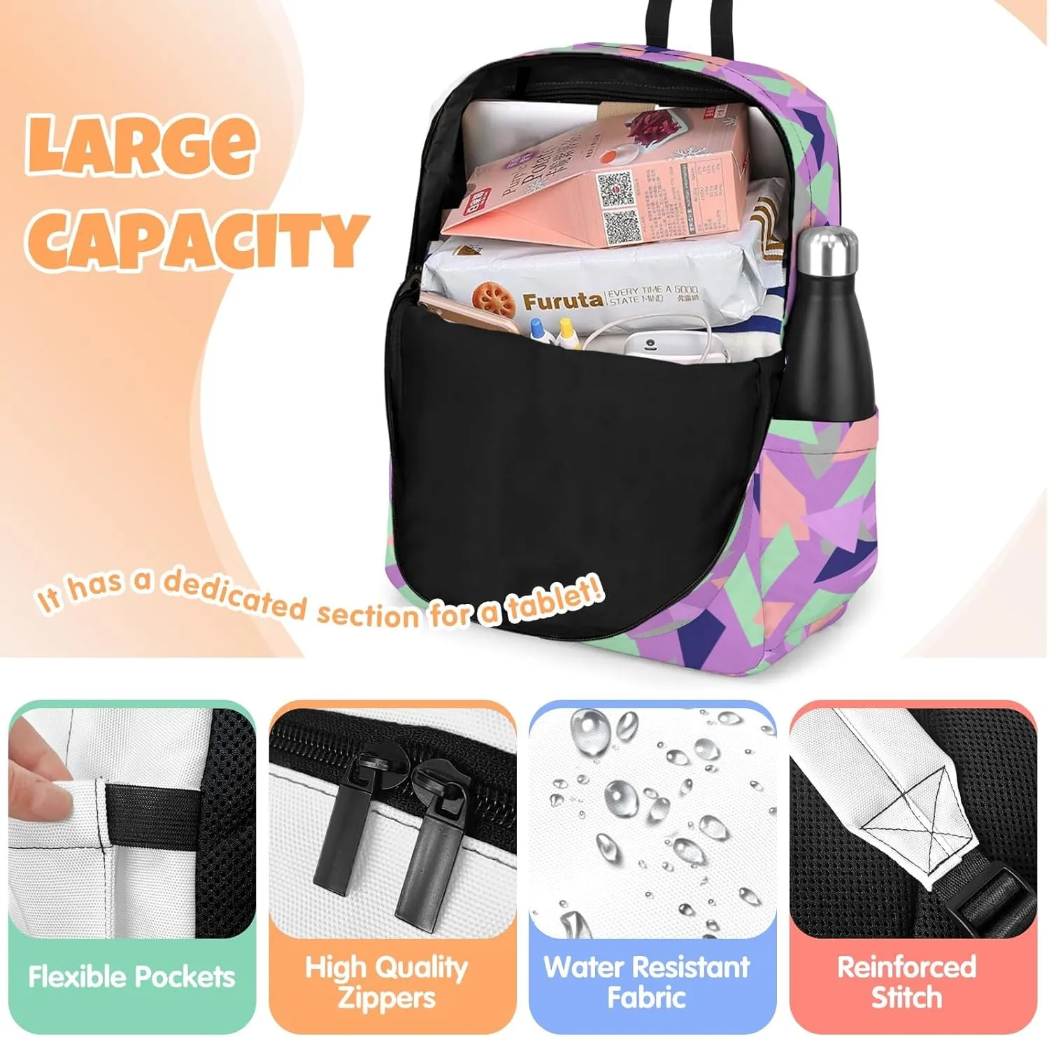 HUTARIO Personalized Backpack for School, Girls Kids Name Bookbag Elementary School Backpack Set with Lunch Bag Box and Pencil Case, Waterproof Lightweight 16.8”