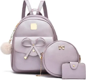 I IHAYNER Girls Bowknot 3-Pieces Fahsion Leather Backpack Backpack Purse for Women Rucksack for Ladies Shoulder Bag
