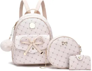 I IHAYNER Girls Bowknot 3-Pieces Fahsion Leather Backpack Backpack Purse for Women Rucksack for Ladies Shoulder Bag
