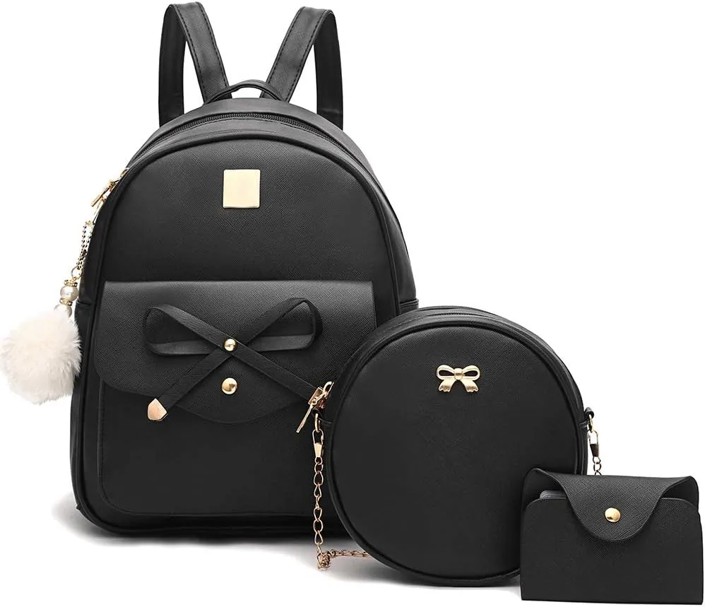 I IHAYNER Girls Bowknot 3-Pieces Fahsion Leather Backpack Backpack Purse for Women Rucksack for Ladies Shoulder Bag
