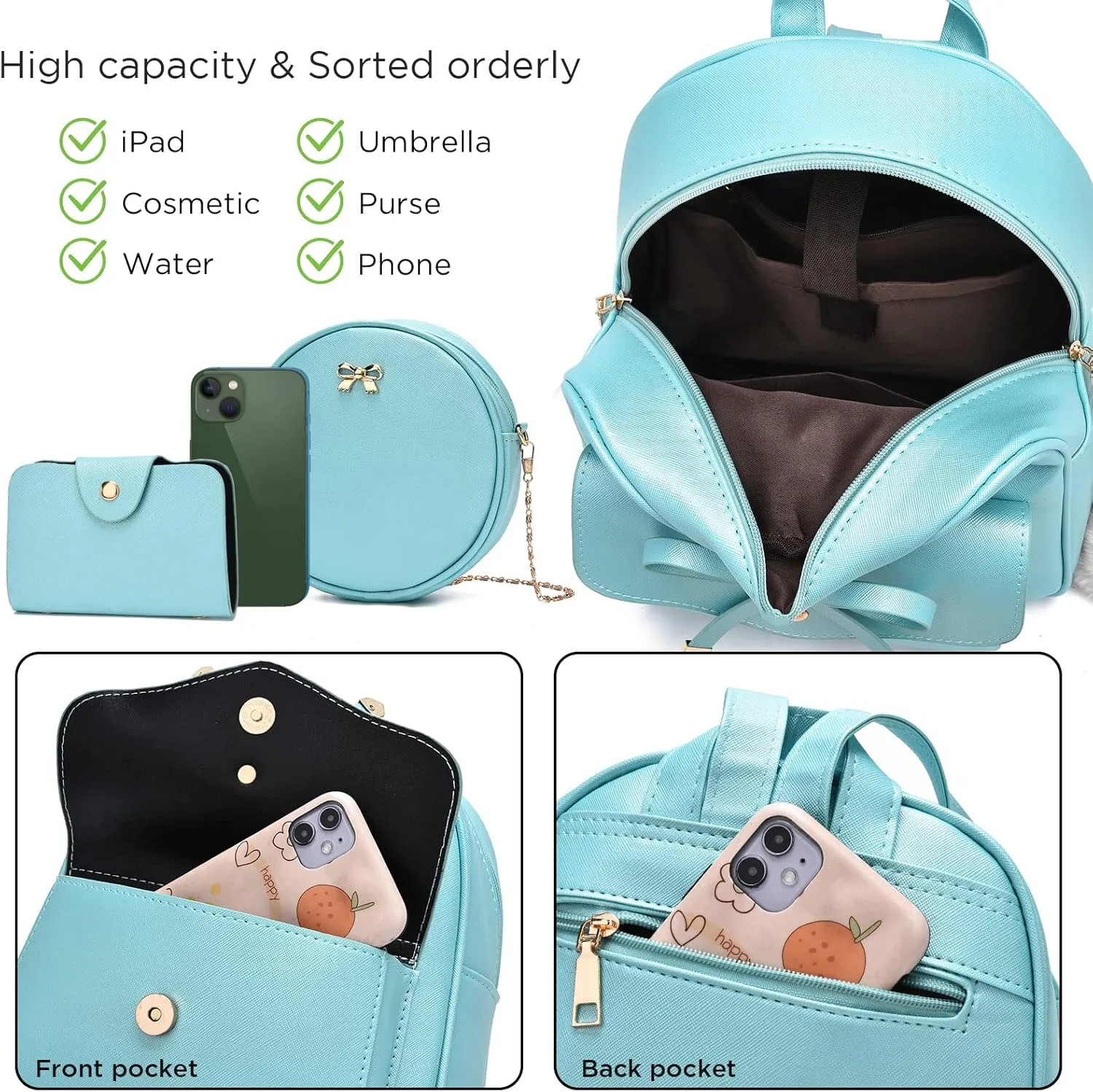 I IHAYNER Girls Bowknot 3-Pieces Fahsion Leather Backpack Backpack Purse for Women Rucksack for Ladies Shoulder Bag