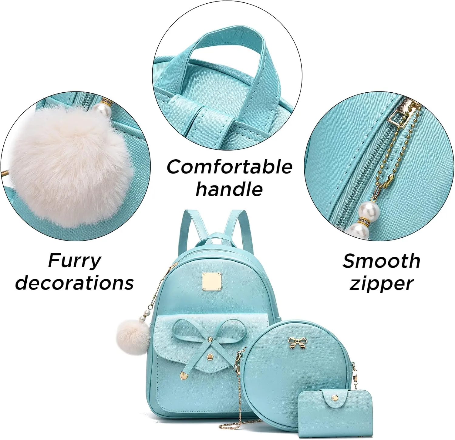 I IHAYNER Girls Bowknot 3-Pieces Fahsion Leather Backpack Backpack Purse for Women Rucksack for Ladies Shoulder Bag