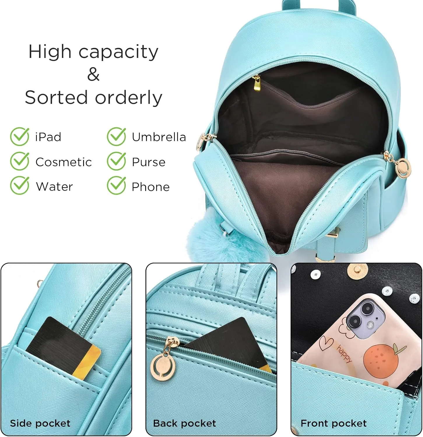 I IHAYNER Girls Fashion Backpack Mini Backpack Purse for Women Teenage Girls Purses PU Leather Pompom Backpack Shoulder Bag